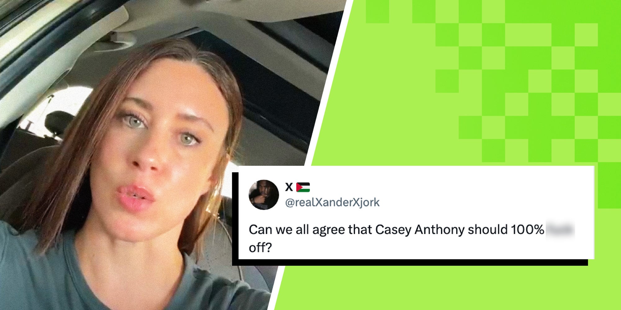 A shot of Casey Anthony explaining in her car. Overlaid is a tweet: Can we all agree that Casey Anthony should %100 (expletive blurred) off.