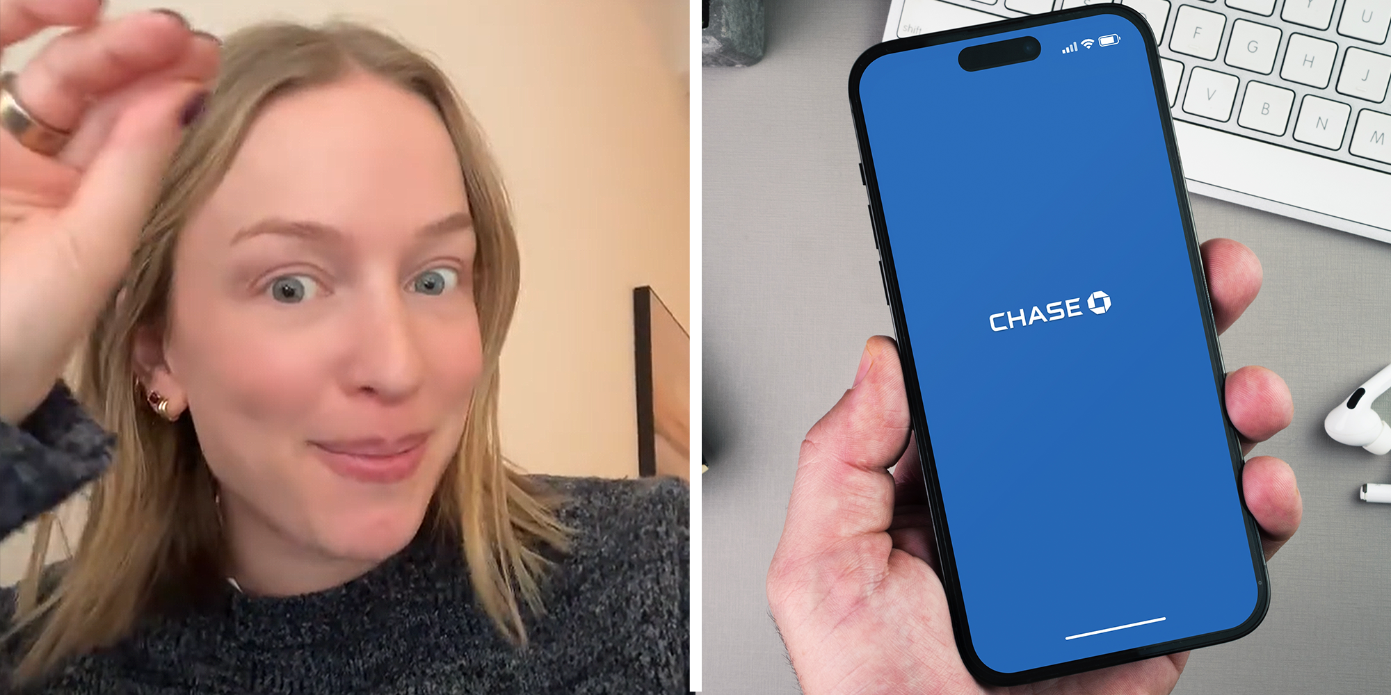 2 image split. Woman looking shocked on left. Chase logo on phone screen on right.