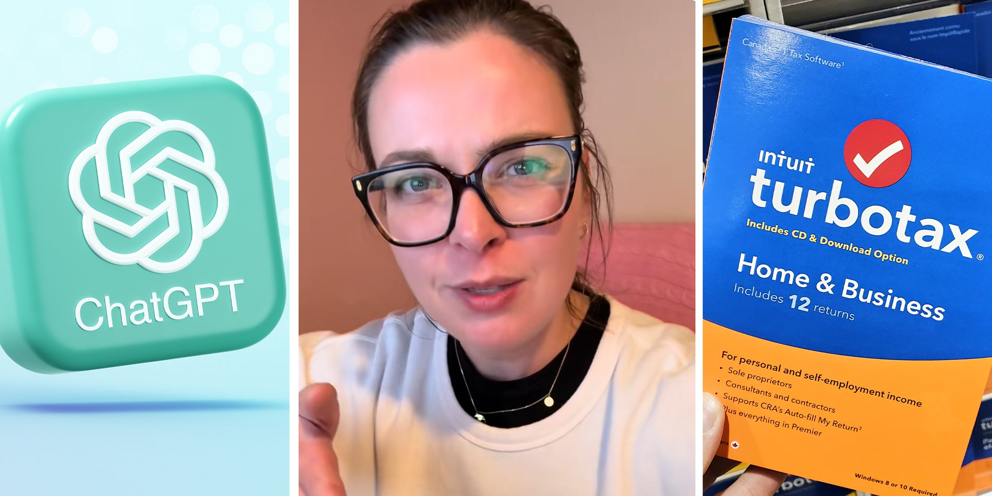 Chat Gpt Icon Button(l) Woman wearing Glasses(c) Turbotax Document(r)