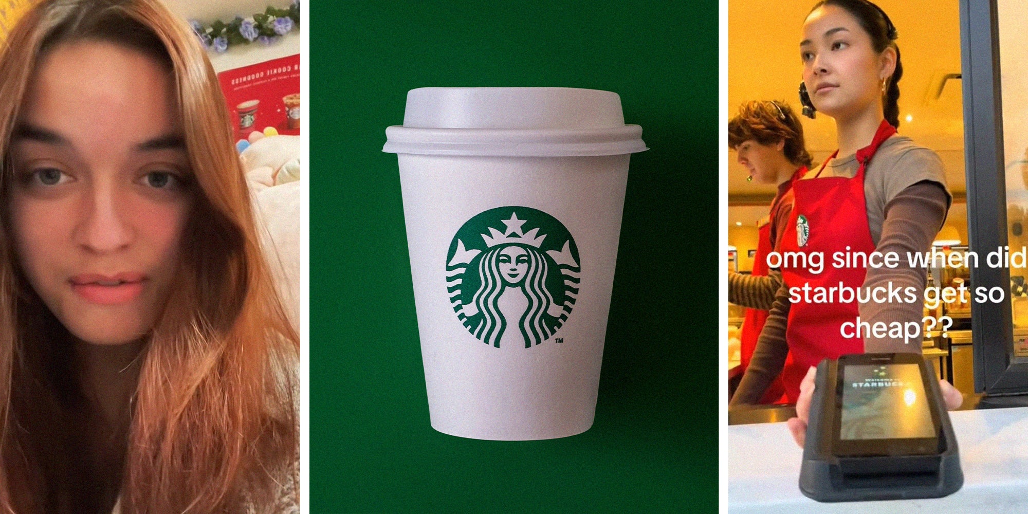 woman shares order she made at starbucks(l) Starbucks cup with green background(c) Woman pulling out credit card machine reader(r)