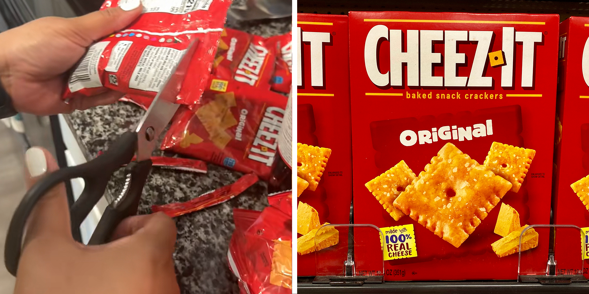 Woman cutting bag of Cheez-It open on left. Cheez-It boxes on store shelf on right.