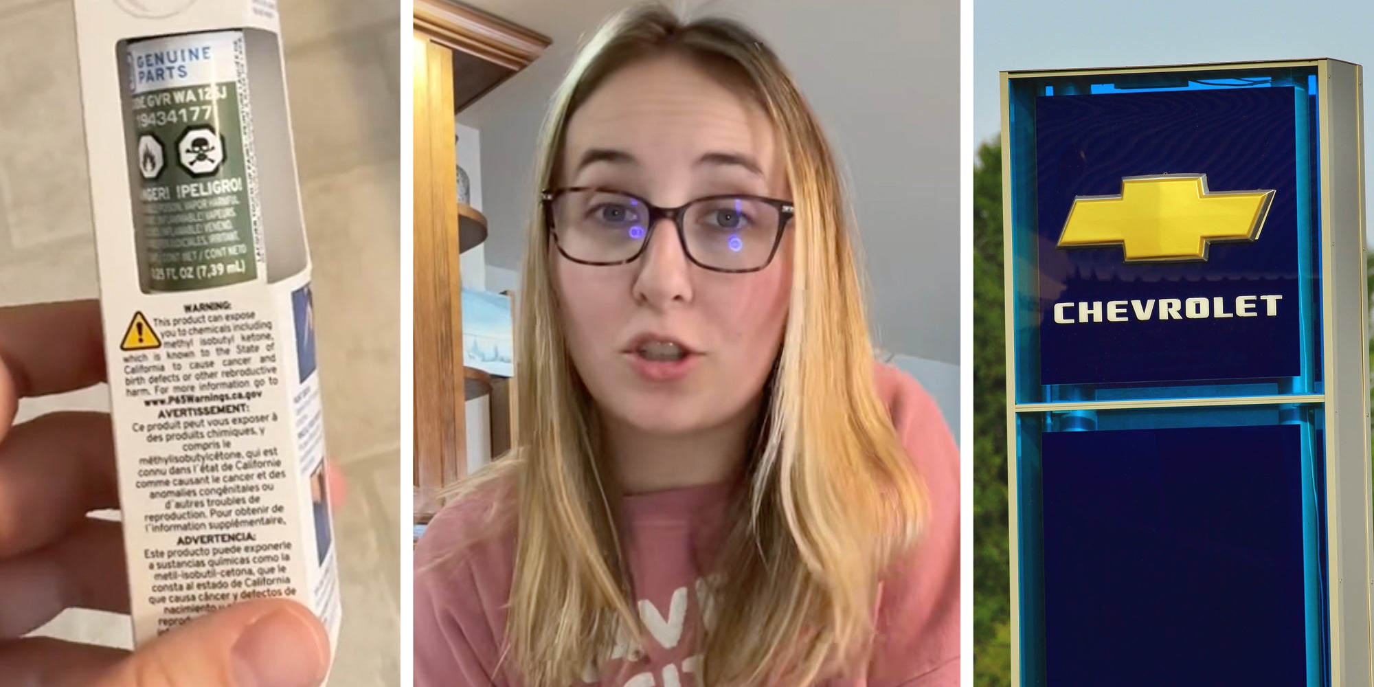 Paint(l), woman talking(c), Chevrolet sign(r)