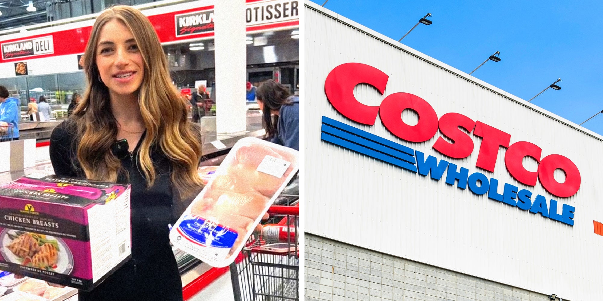 2 panel image: on the left a person explains and on the right is the exterior of a Costco sign.