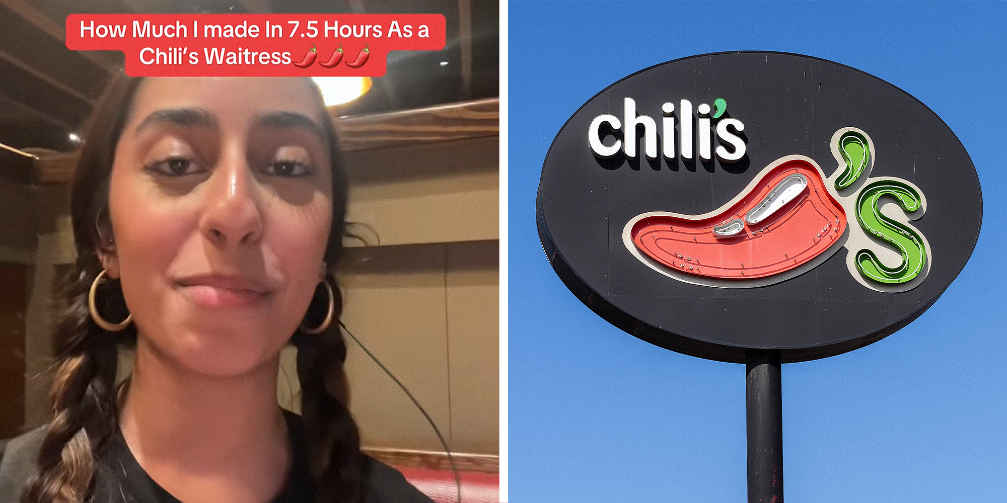 Split image. Woman in braids at restaurant with text that reads: 'How much I made in 7.5 hours as a Chili's waitress (chili emoji x3) on left. Chili's signage on right.