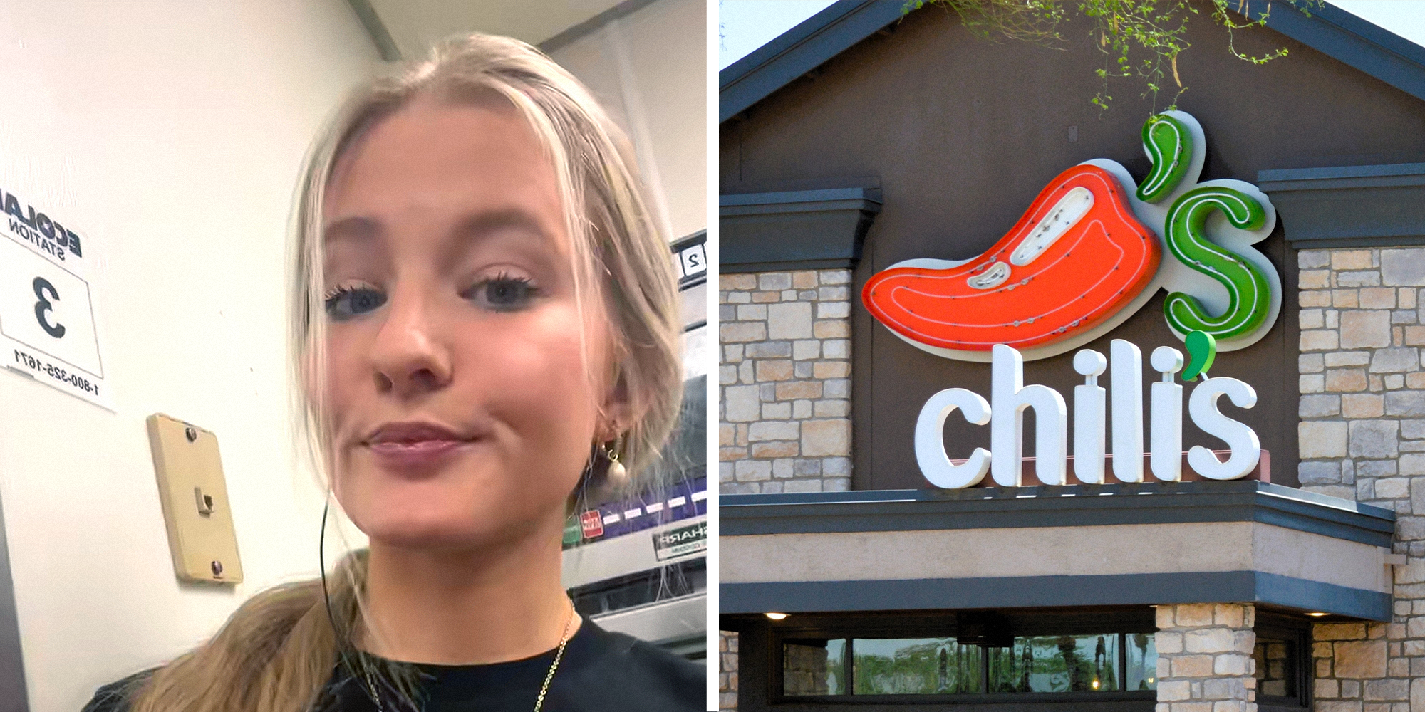 Chili's employee reminding customers to take survey on left. Chili's storefront on right.