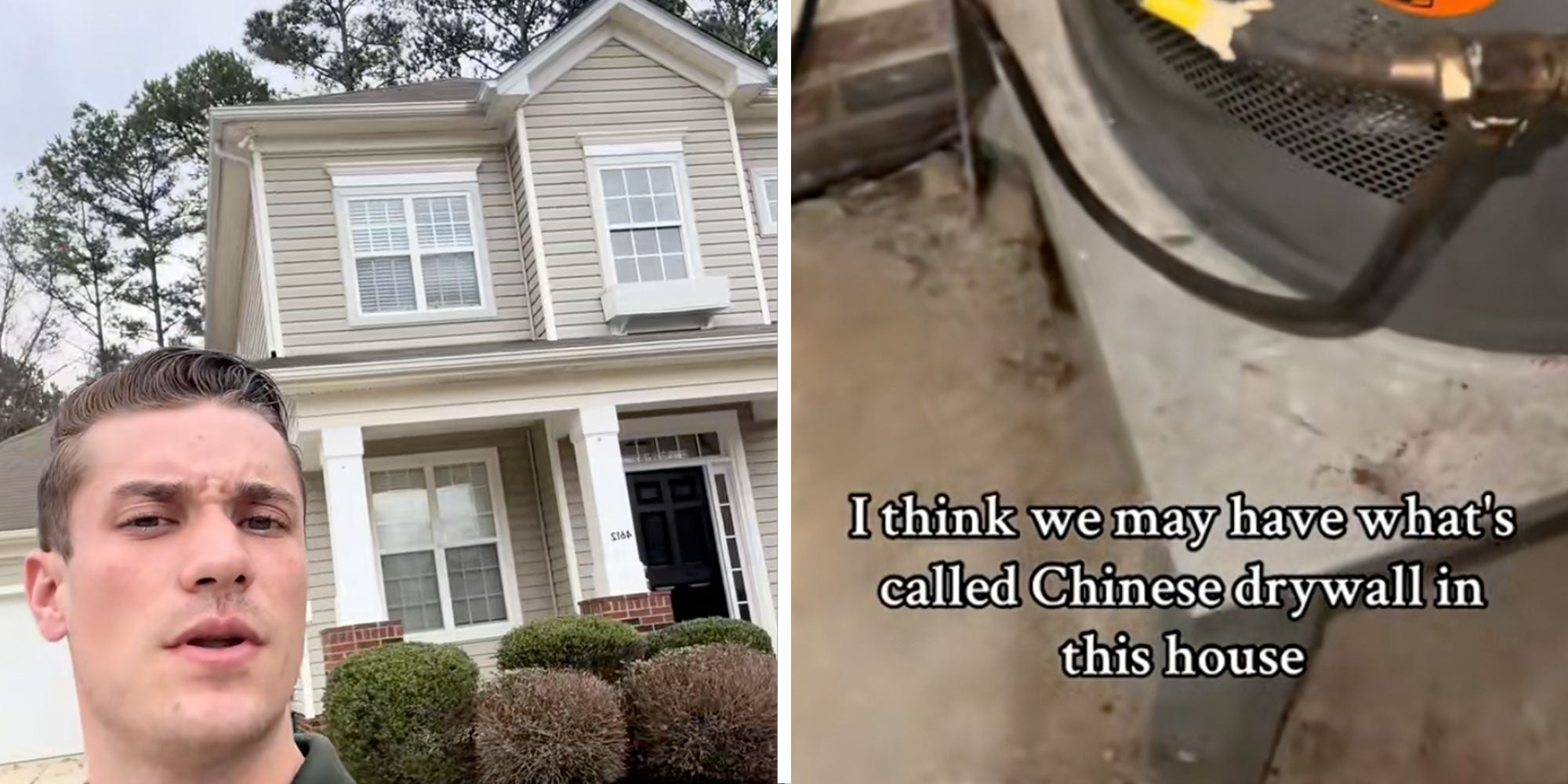 Screenshot of Tiktok user @andrew.matson7 in front of a house in North Carolina; Screenshot from @andrew.matson7's Tiktok with the caption 'I think we may have what's called Chinese drywall in this house'