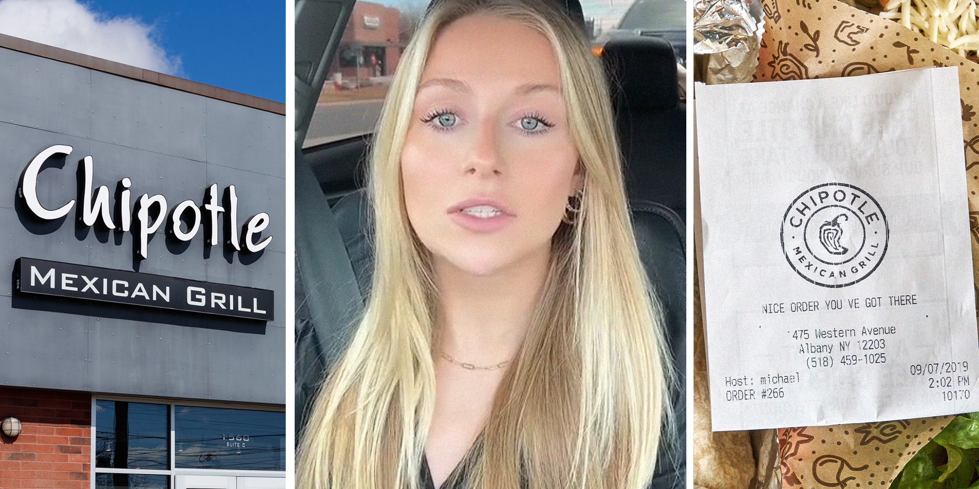 Chipotle sign on building(l) Woman shares how to get a cheap meal at chipotle(c) Chipotle Restaurant Receipt(r)