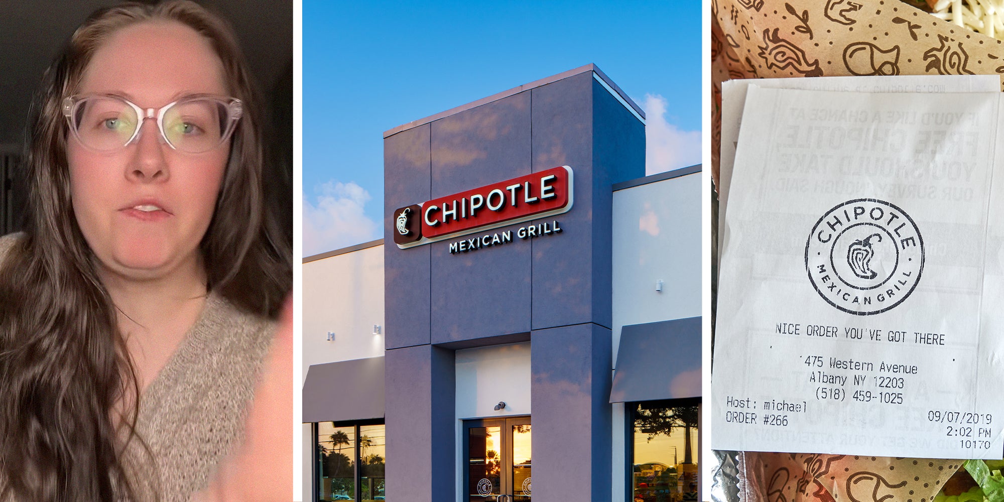 woman shares what happens when she tips at chipotle(l) Chipotle restaurant front(c) Chipotle receipt(r)
