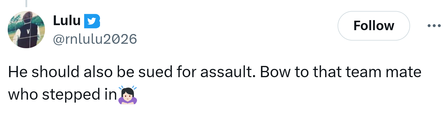 Reaction to the coach fired for pulling girl's hair, text reads, 'He should also be sued for assault. Bow to that team mate who stepped in (bow emoji)'