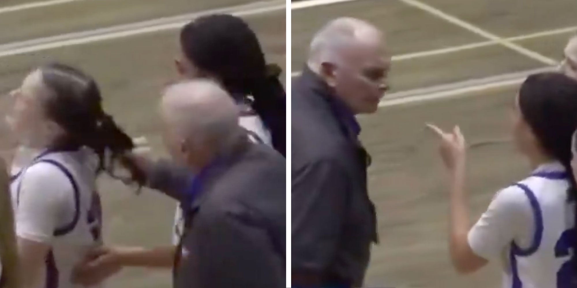 LefT: screenshot from X user @kirawontmiss of a coach pulling a young basketball players hair; Right: Screenshot of the player's teammate pointing at the coach.