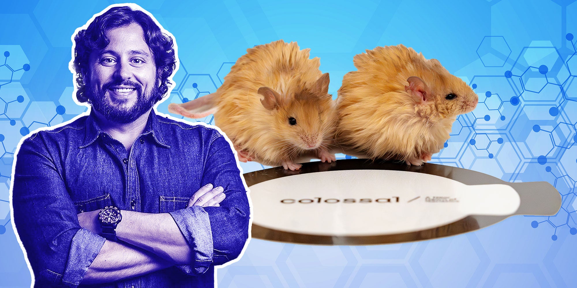 Photo of Colossal CEO Ben Lamm; Photo of two mice on a Colossal logo.