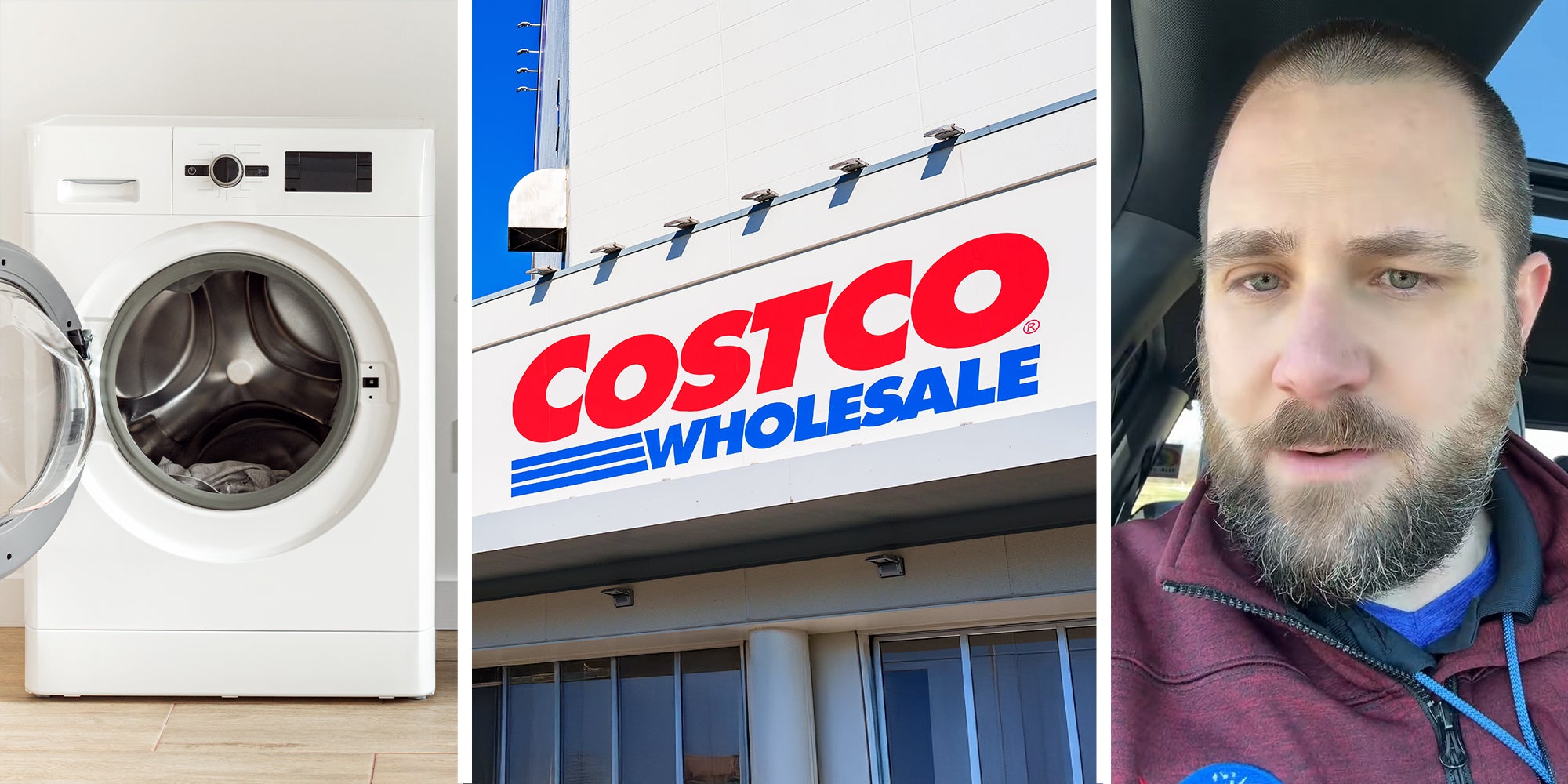 Dryer Machine(l) Costco Wholesale Store(c) Man shares what he purchased at a store(r)