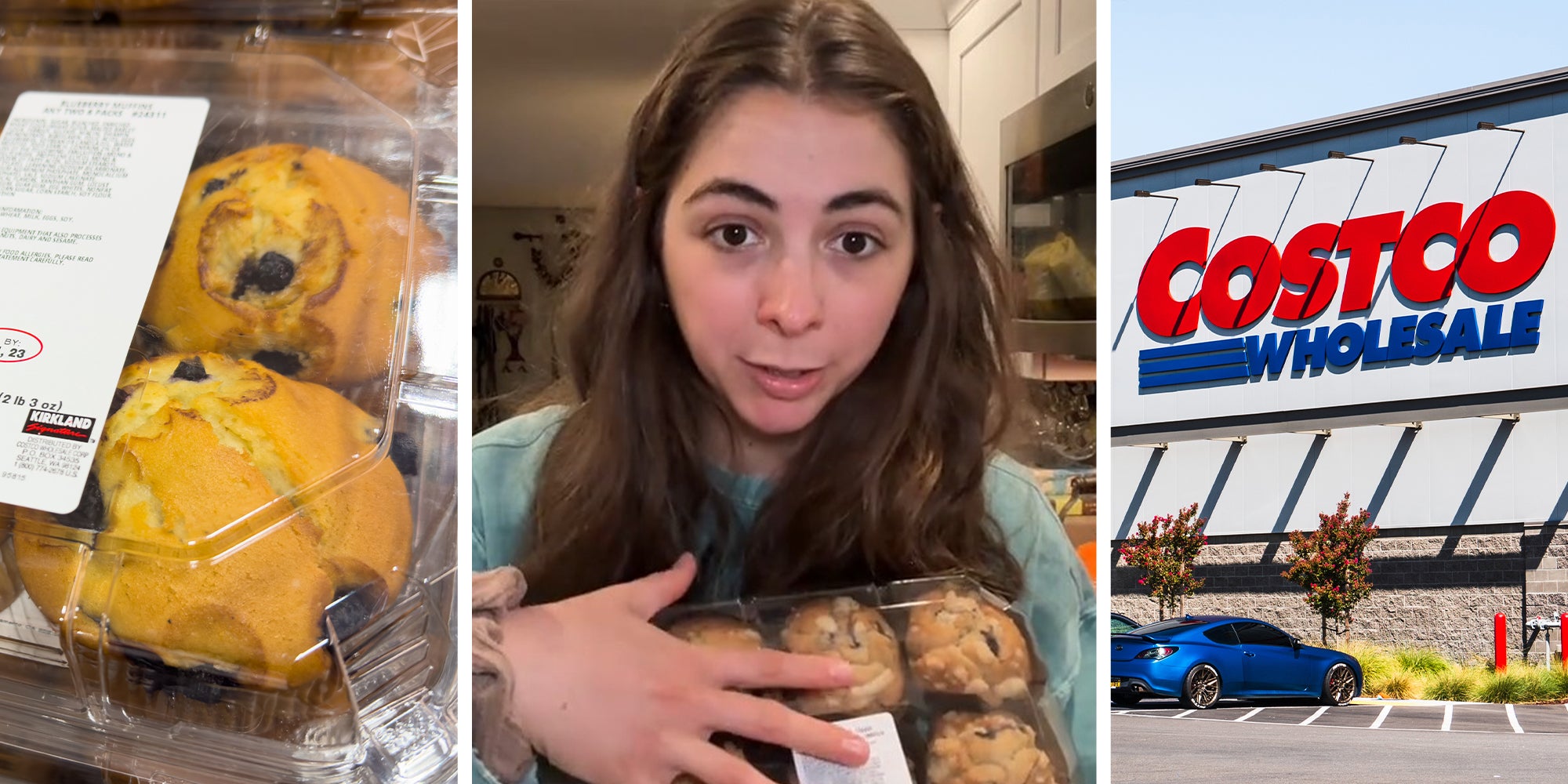 Costco Muffins(l) Woman holding muffins(c) Costco Wholesale Sign(r)