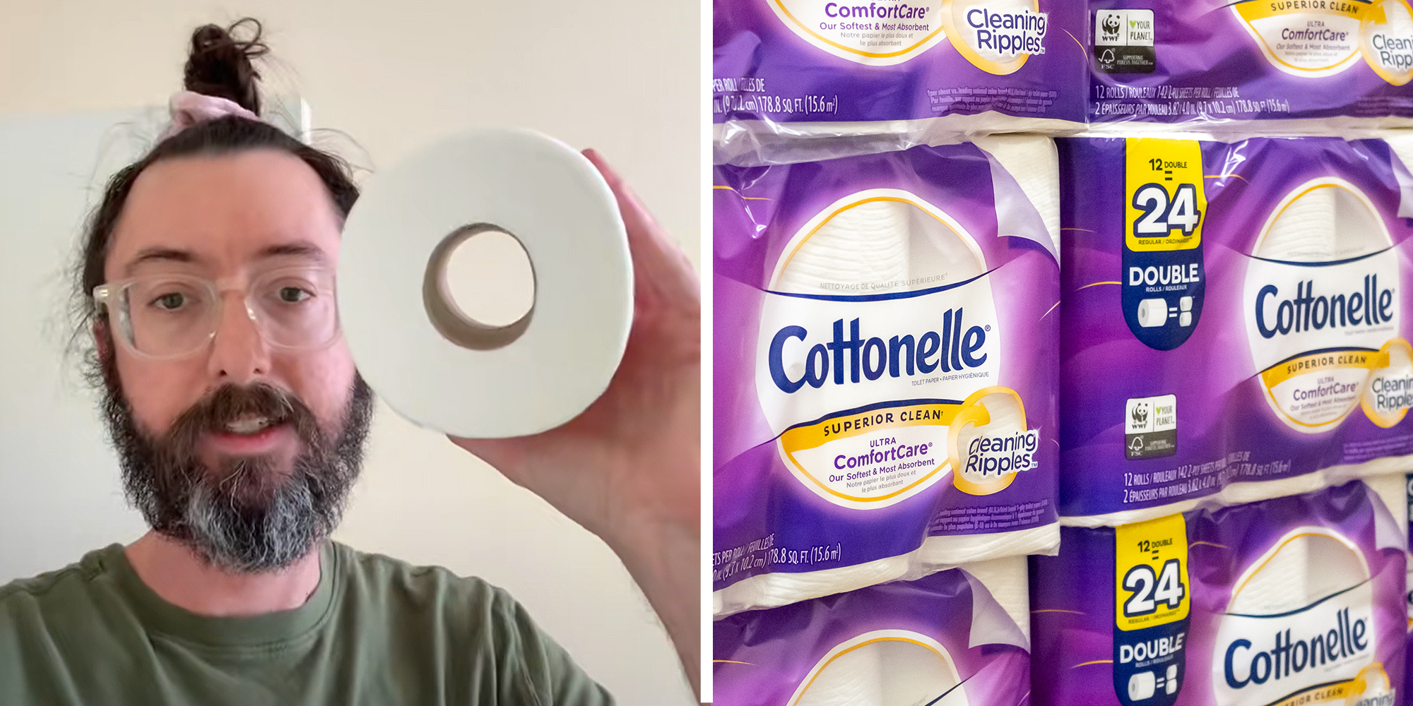 2 image split. Man holding toilet paper on left. Packs of Cottonelle toilet paper in stores on right.