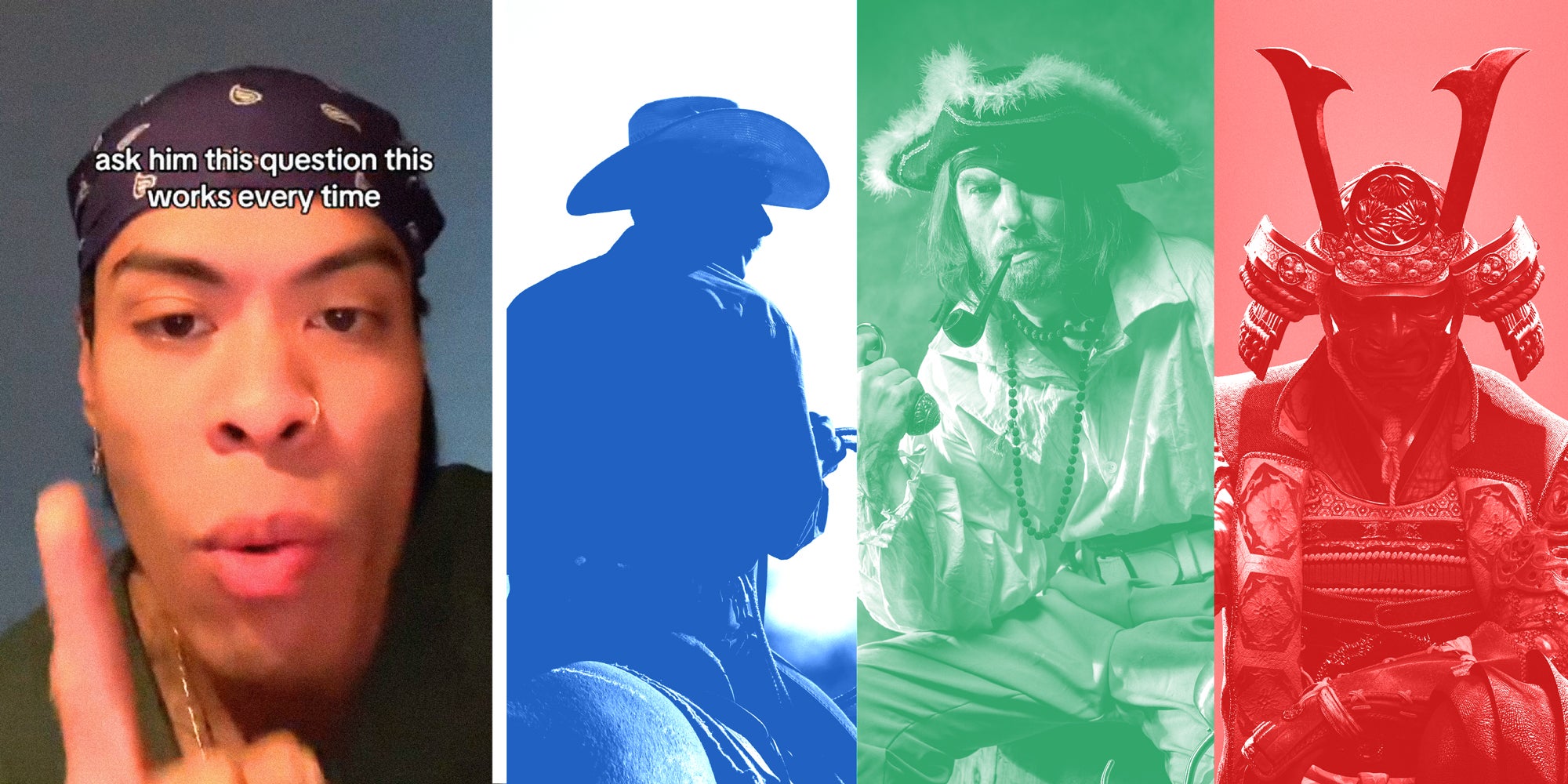 4 panel image: left to right - a person explains, a cowboy, a pirate. and a samurai.