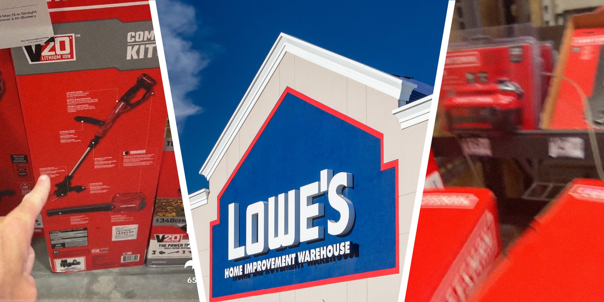 3 panel image: the sides show items in a Lowe's store aisle. In the middle is the exterior of a Lowe's store.