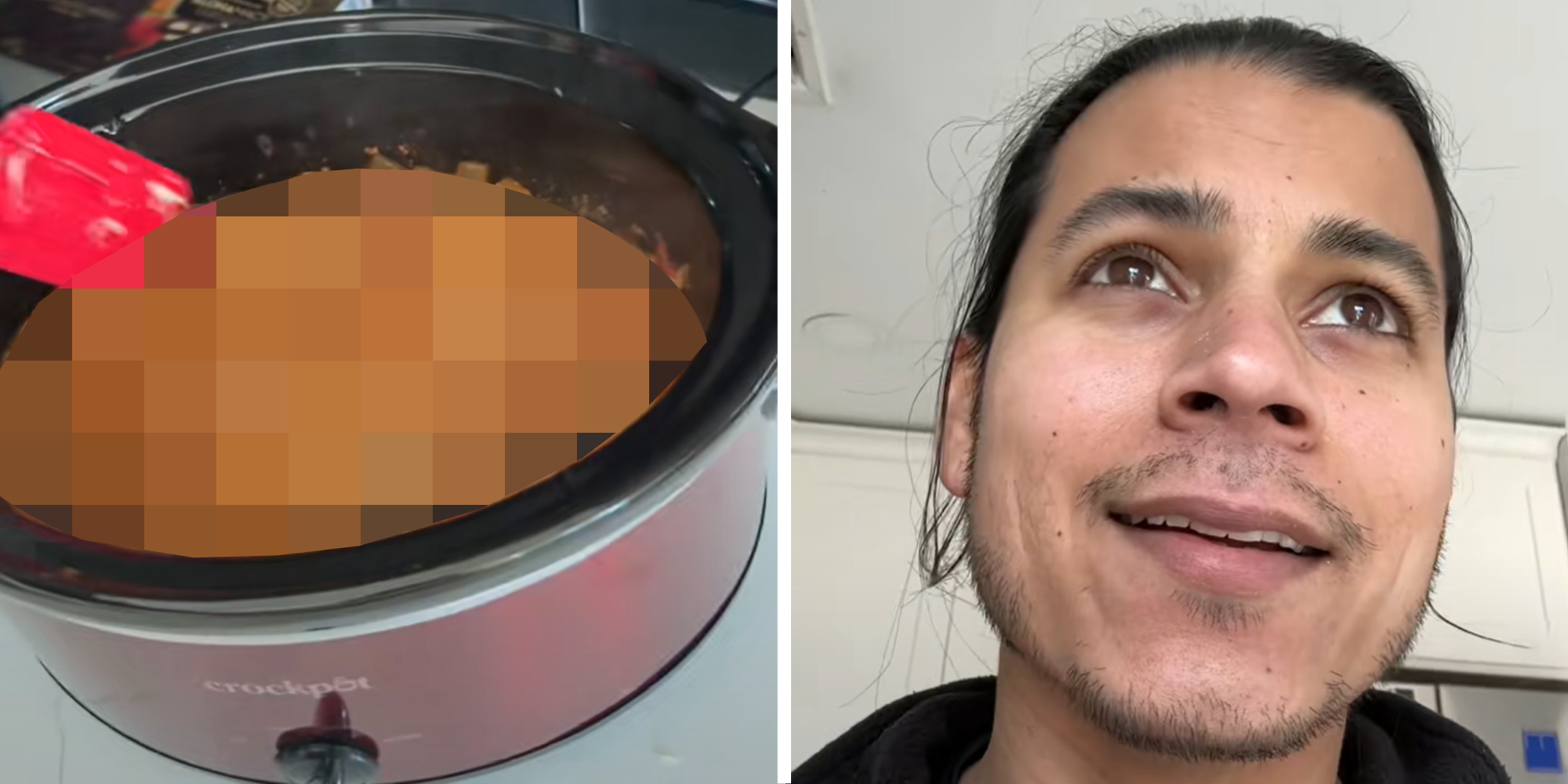 2 image split. Crockpot with food blurred out on left. Man in kitchen on right.