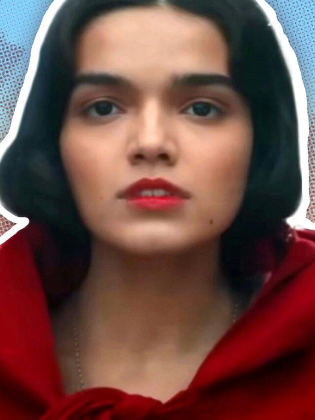 Screenshots from Disney's Official Trailer for Snow White (2025) of Snow White (Rachel Zegler) in a red robe with a background of Snow White picking an apple from a tree.