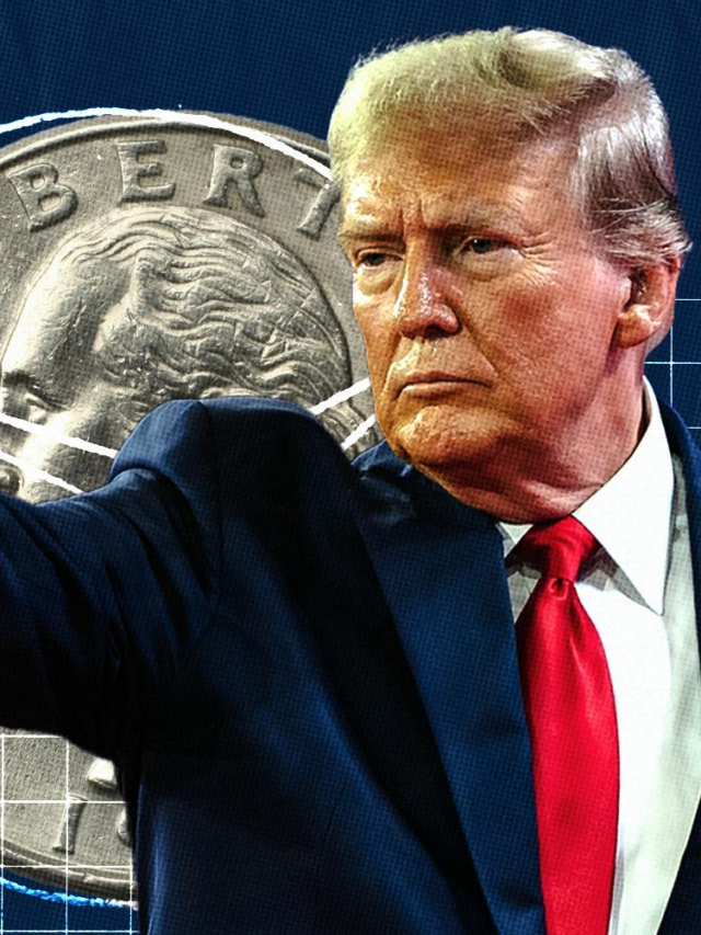 Photocollage of Donald Trump pointing off image, with quarter behind him, and grids around as decorative elements