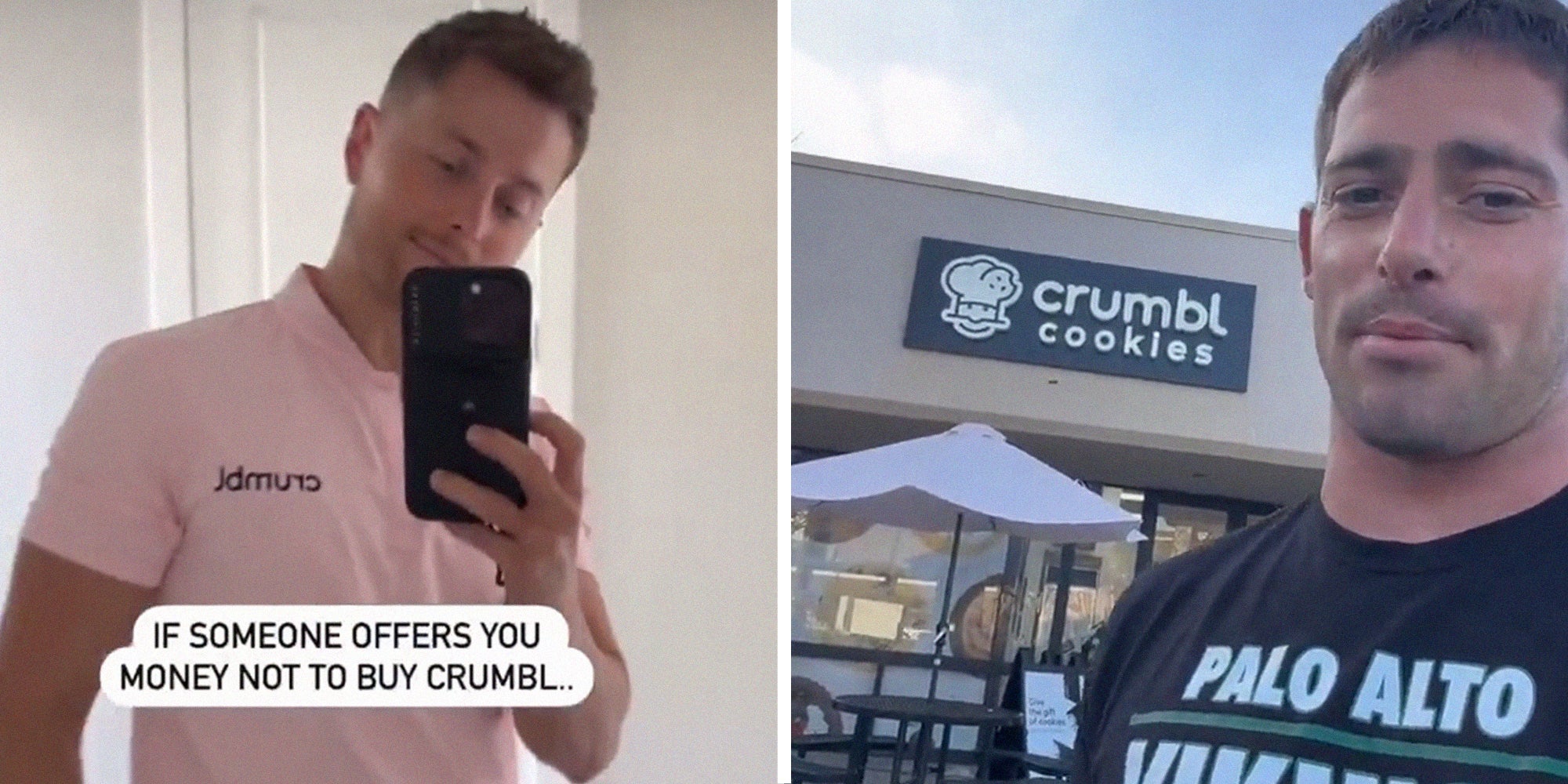 CEO of Crumbl Cookie(l) Influencer infront of crumbl Cookies(r)