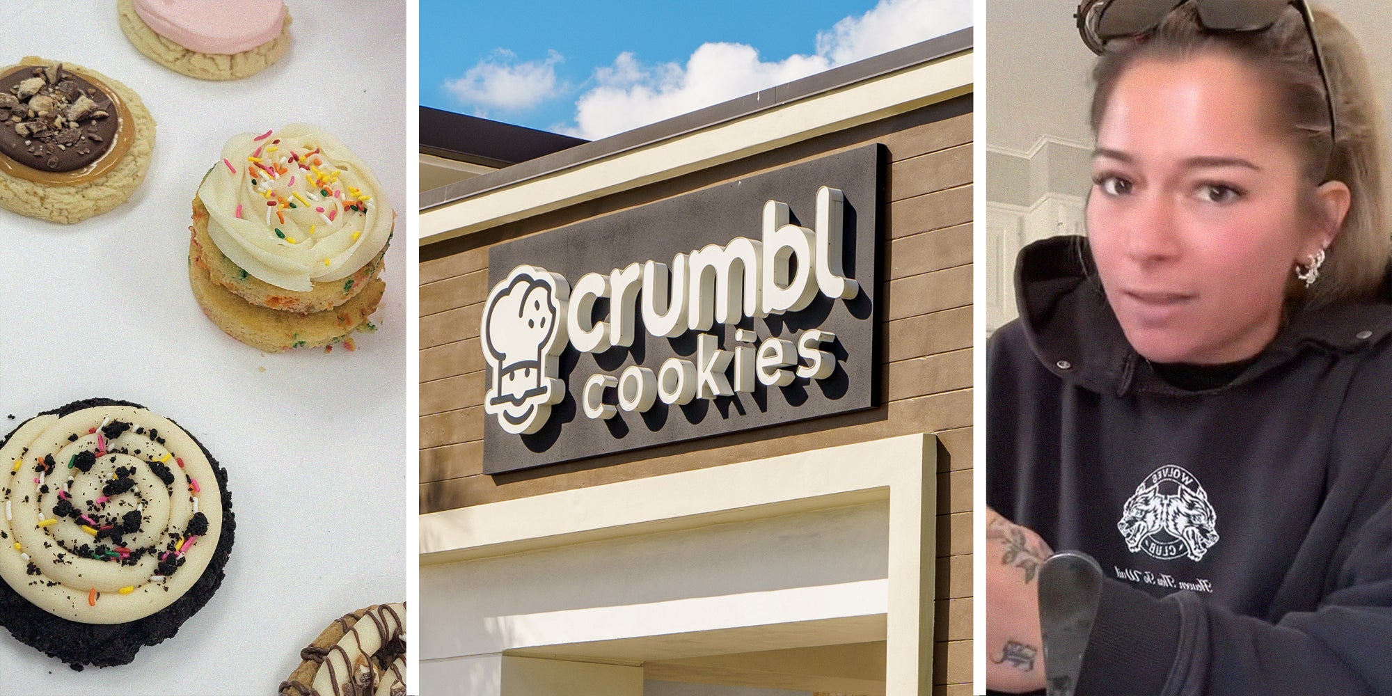 cookies on plate(l) Crumbl Cookies store front(c) woman shares what she found inside of her cookies(r)