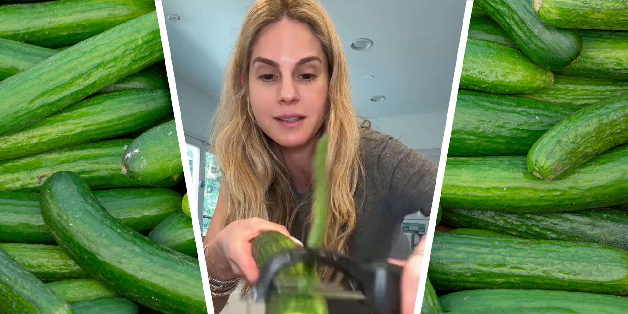 A person peels cucumbers over a background of unpeeled cucumbers.