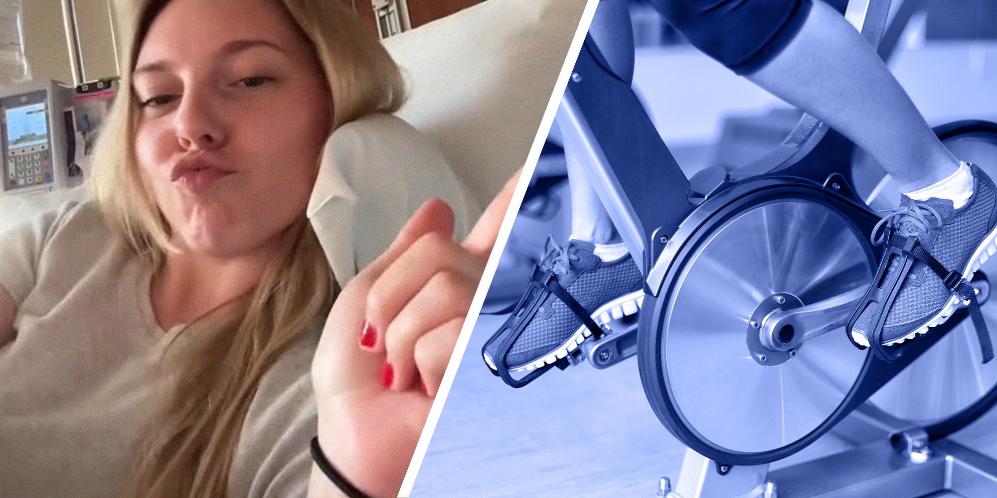 woman at hospital(l) Exercise bike with spinning wheels - woman biking (r)