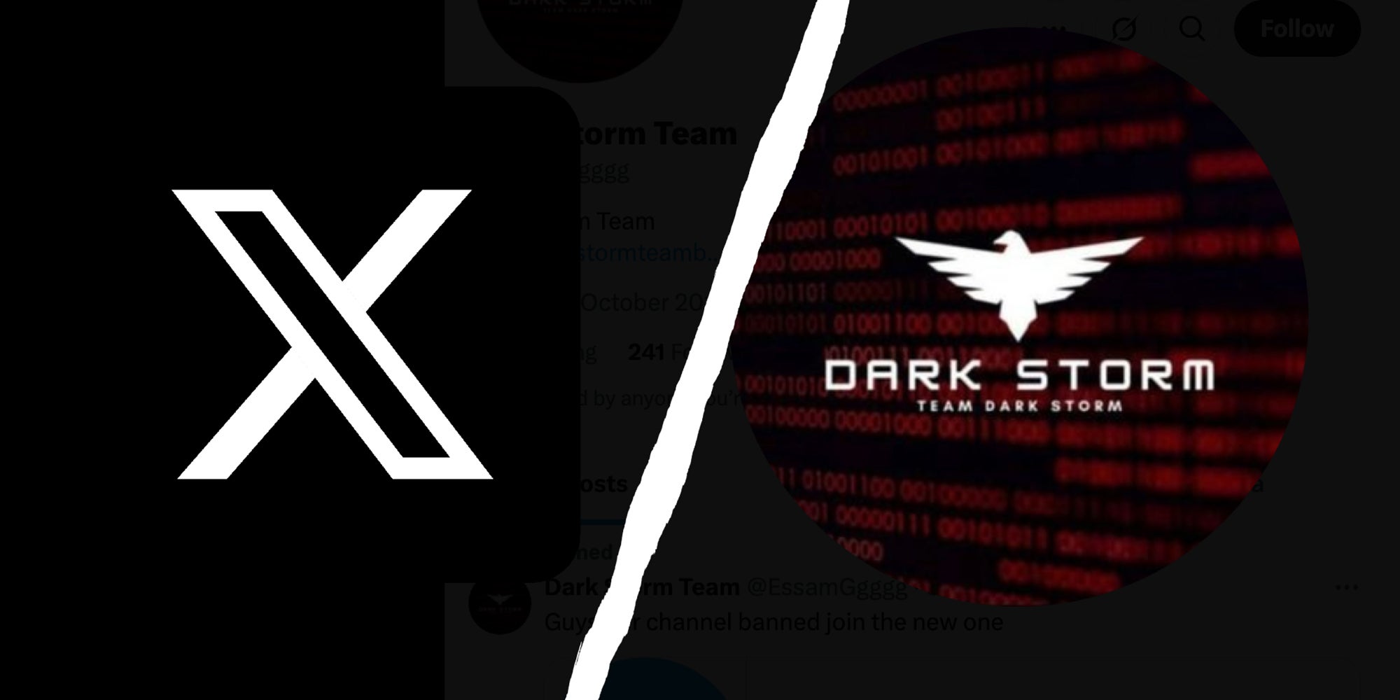 2 panel image showing the X logo and the Team Dark storm logo.