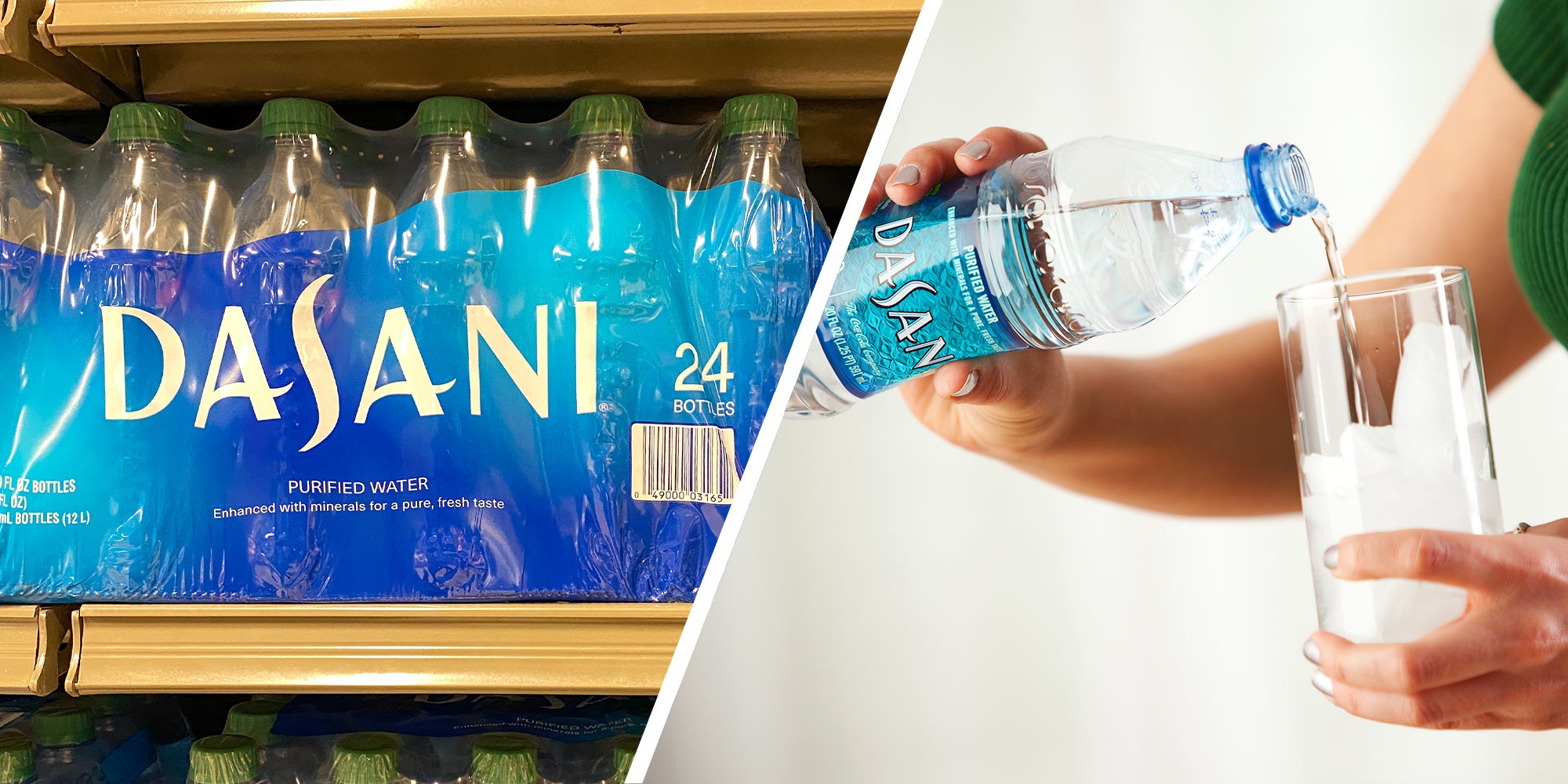 Dasani Water bottles(l) Dasani being poured on cup(r)