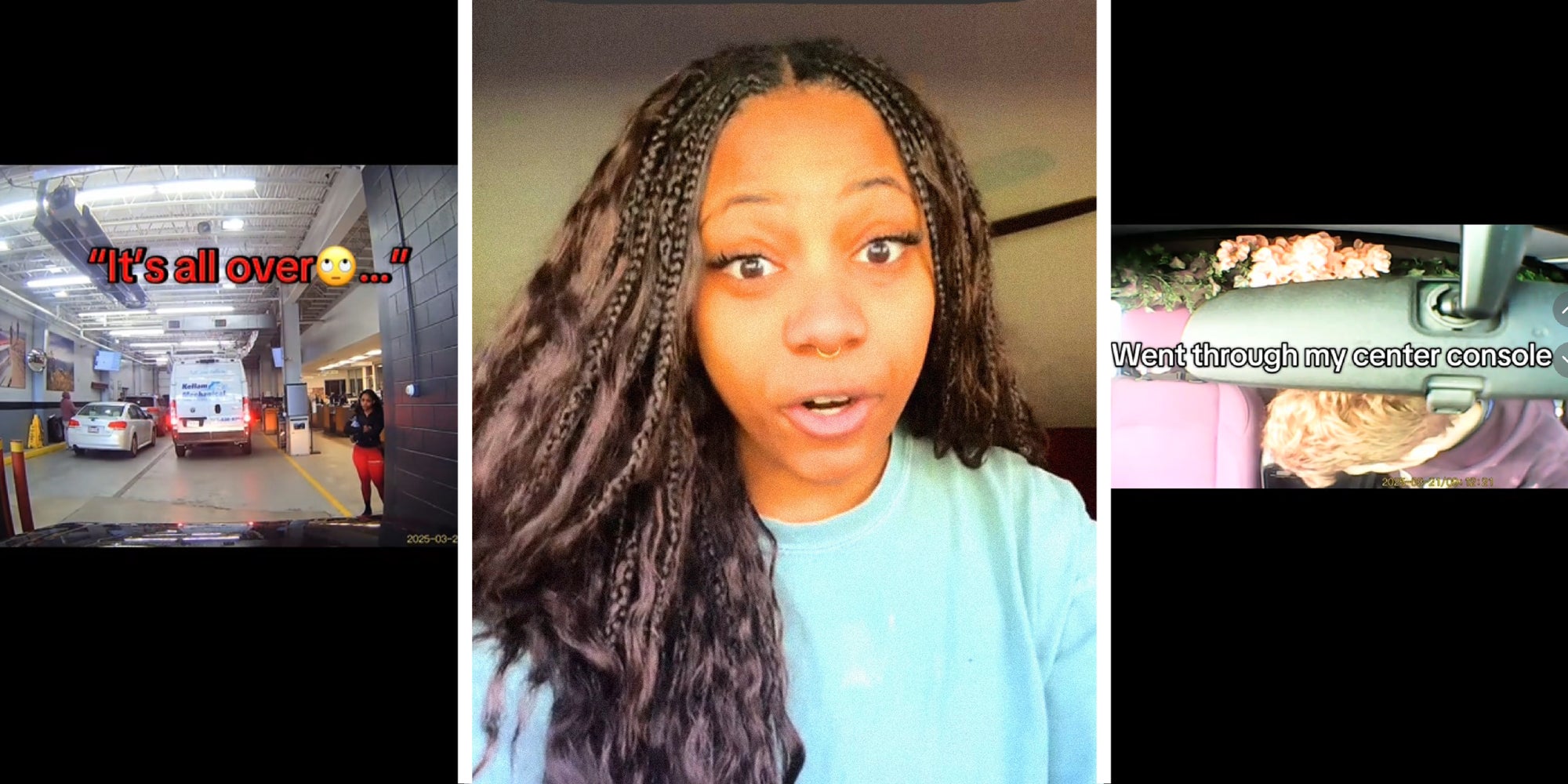 3 panel image: in the middle is a person explaining and on the sides are scenes recorded from her dash cam.