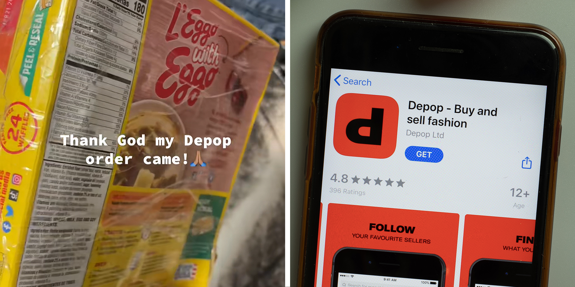 Eggo waffles box with text overlayed that reads: "Thank God my Depop order came (praying hands) on left. Depop app on right.