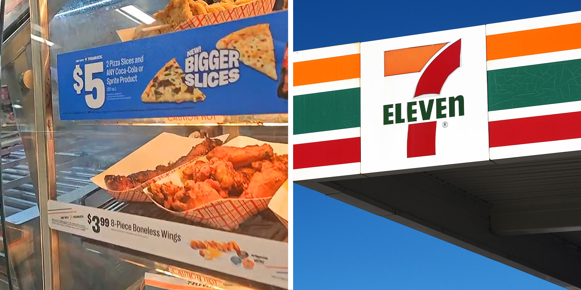 2 image split. Ready made food being sold at 7/11 behind glass on left. 7/11 signage on right.