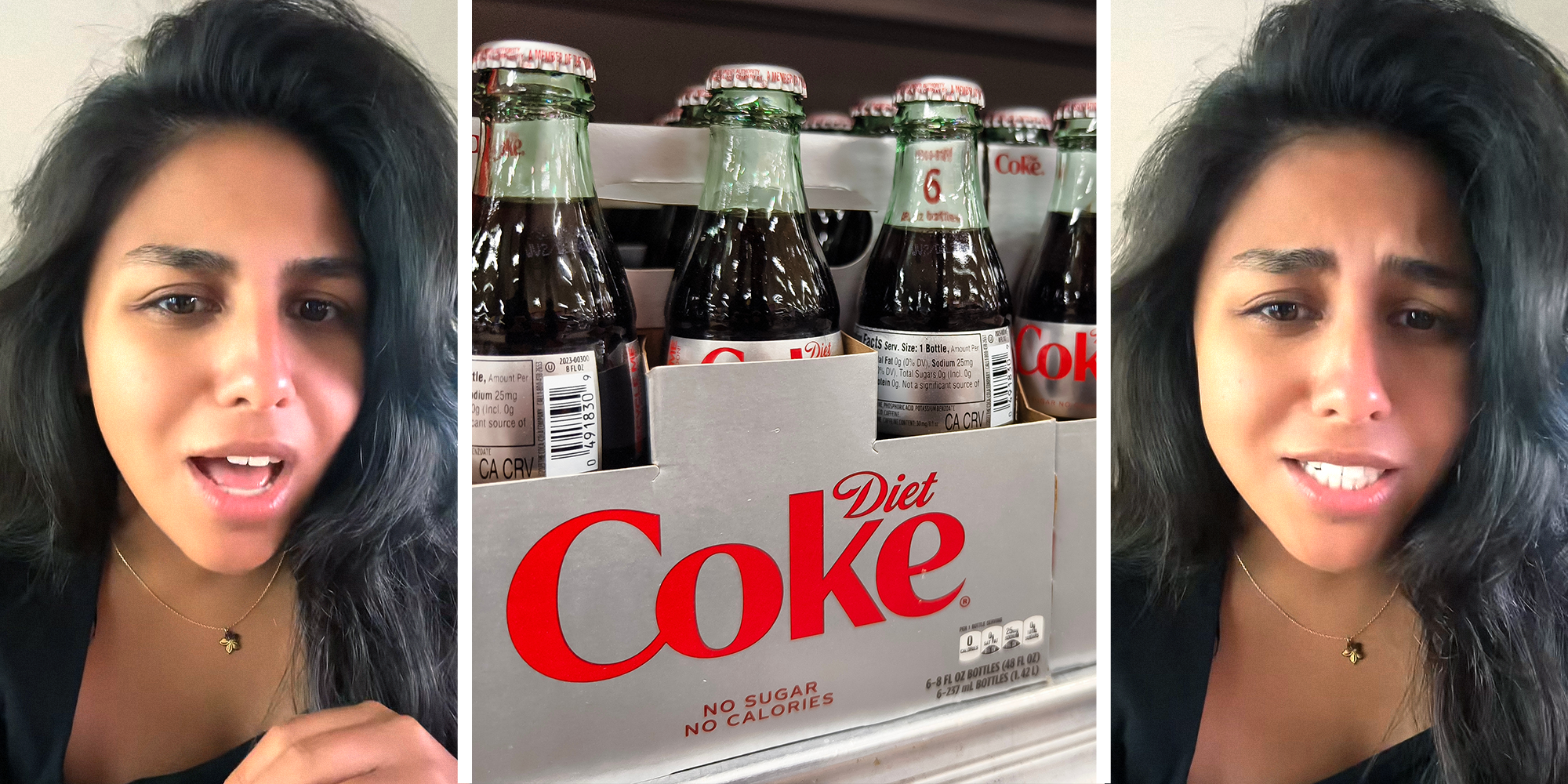 Woman explaining why Diet Coke is 'zero calories' on left and right. Diet Coke bottles in center.