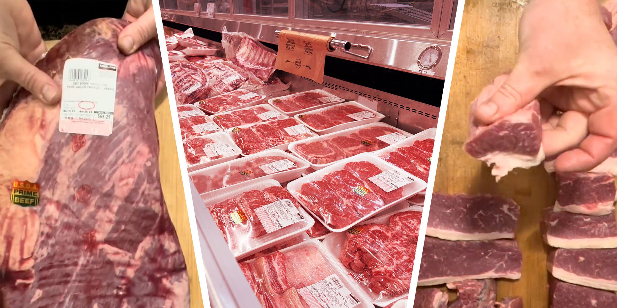 Screenshot of Tiktok user @meatdad holding a Brisket; Photo of a Costco meat section; Screenshot of Tiktok user @meatdad holding a piece of sliced brisket.