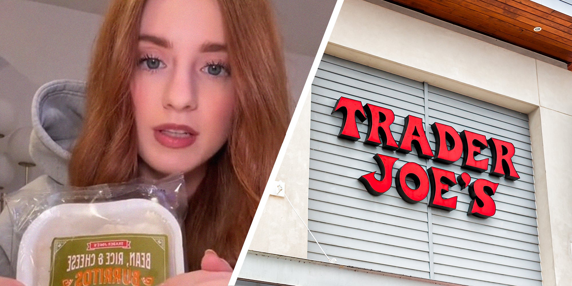 Woman at make purchase at Trader Joes(l) Trader Joe's Store Sign(r)