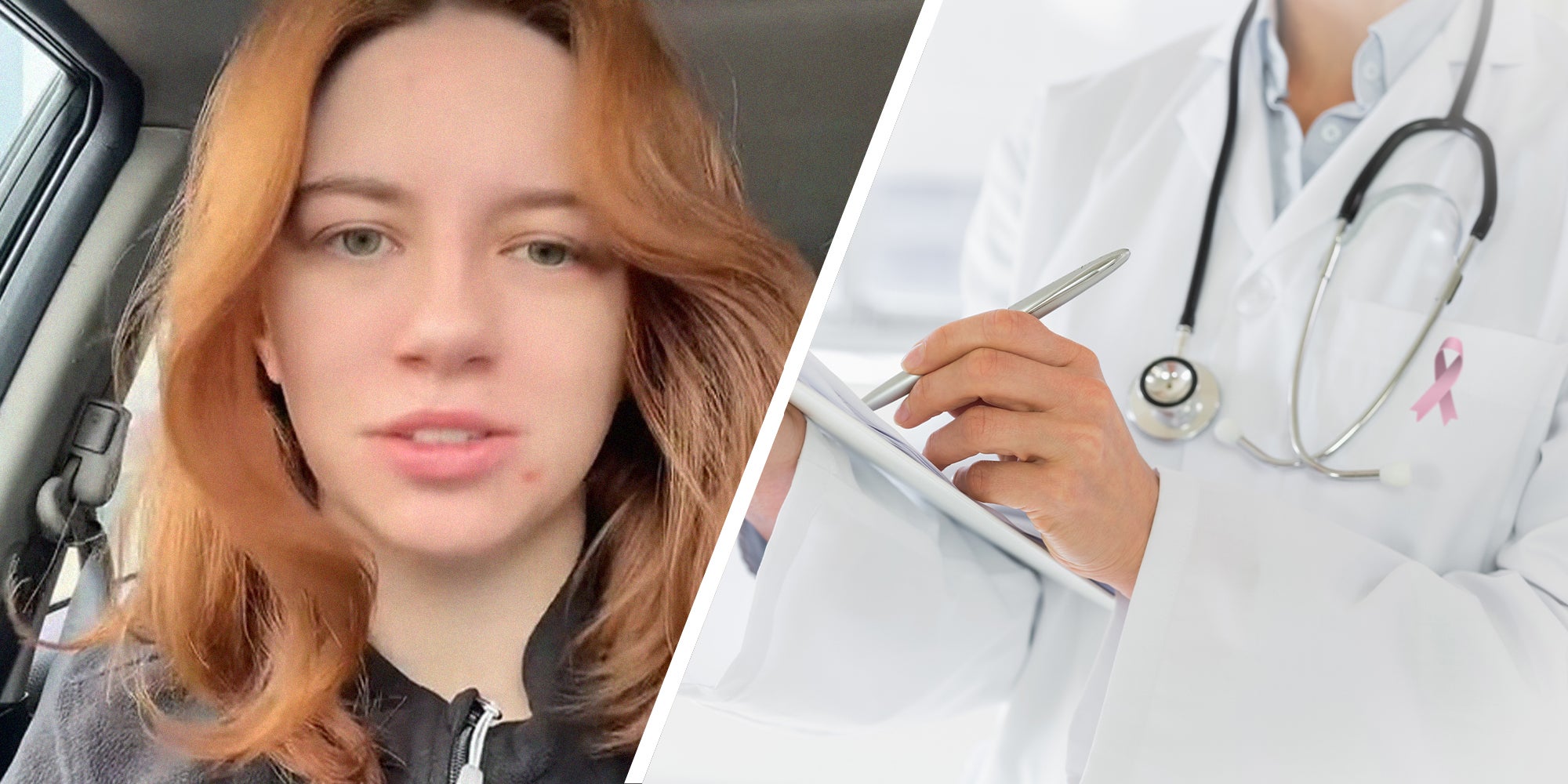 woman shares experience with doctor(l) Doctor writing down on clipboard(r)