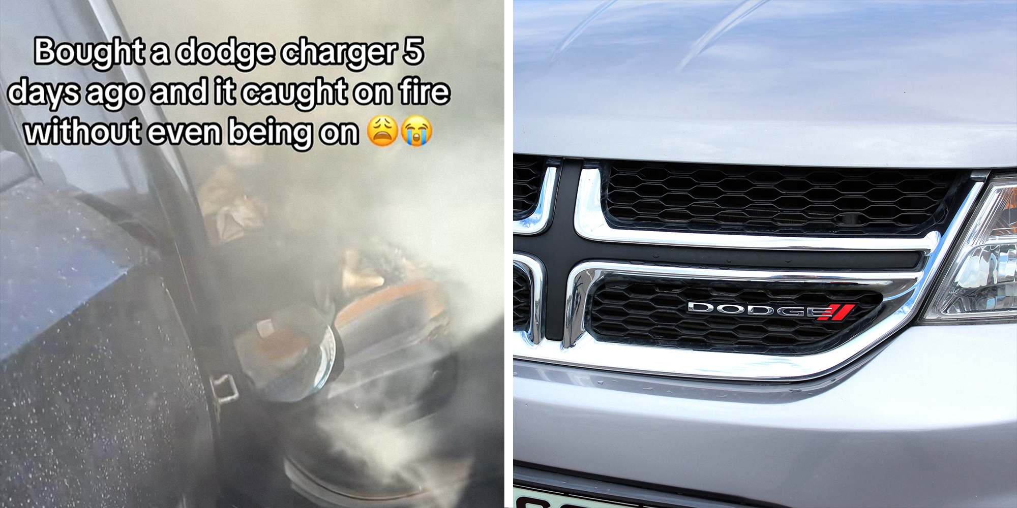 Car with smoke coming out and overlayed that reads: 'Bought a dodge charger 5 days ago and it caught on fire without even being on (whine emoji) (crying emoji)' on left. Dodge logo on car on right.