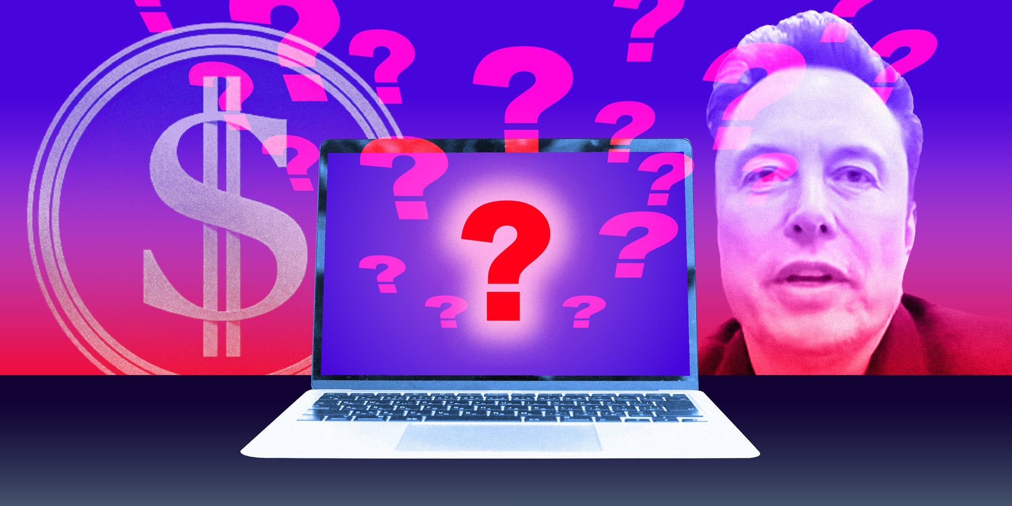 photo collage of a laptop with question marks pouring out of it. The DOGE logo and Elon Musk in the background.
