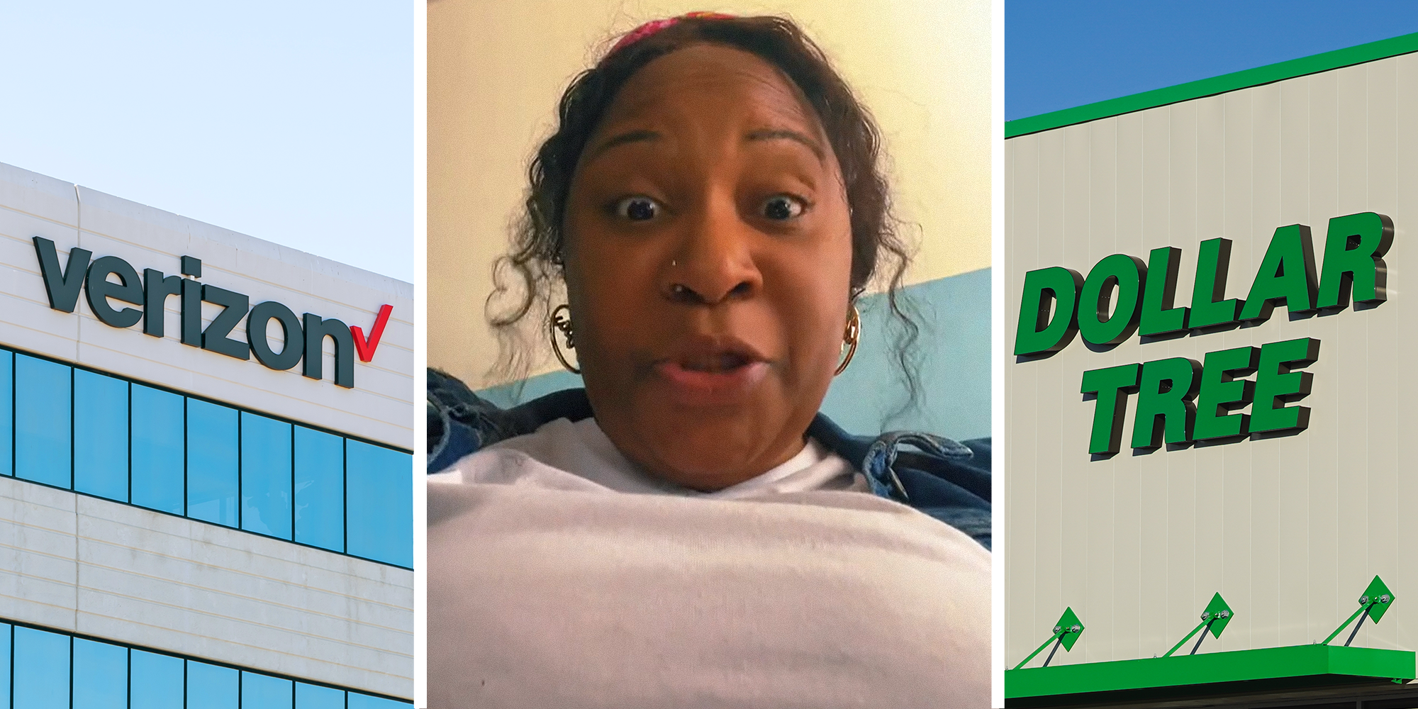 Verizon mobile store front on left. Shocked woman in center. Dollar tree store front on right.