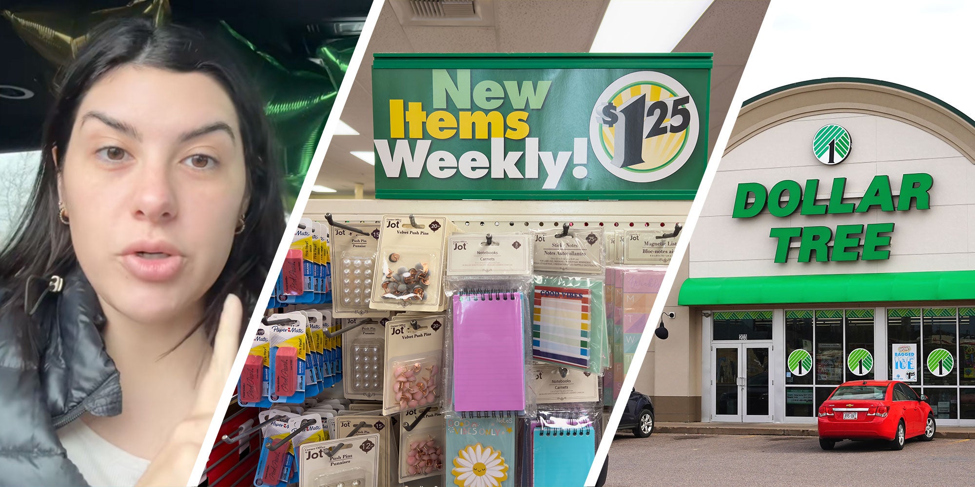 Screenshot of Tiktok user @heyhannah19; Photo of a Dollar Tree shelf with a sign that reads 'New Items Weekly! $1.25'; Photo of a Dollar Tree exterior.