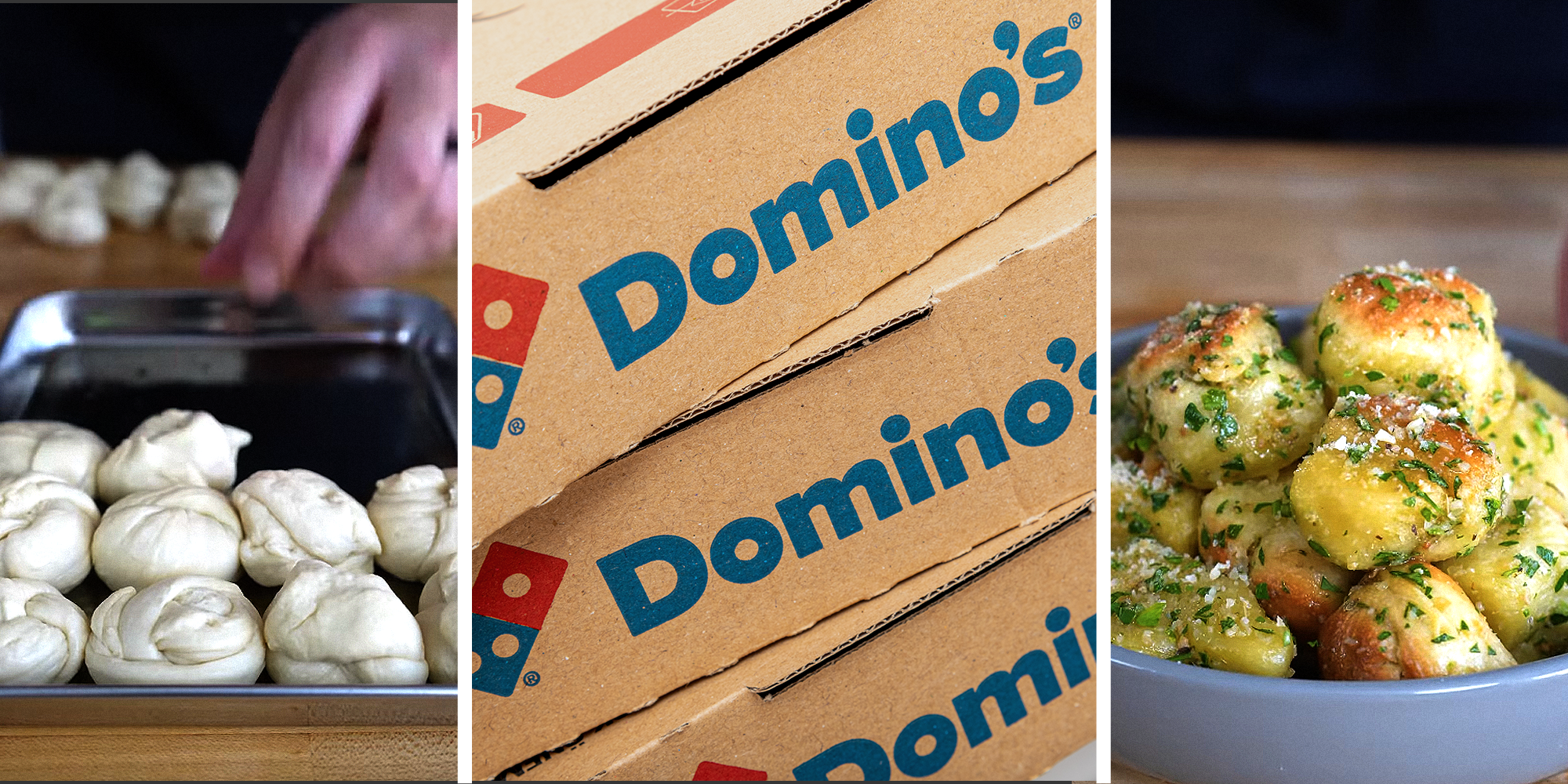 Pre-baked garlic knots on tray on left. Dominos pizza boxes in center. Finished garlic knots on right.