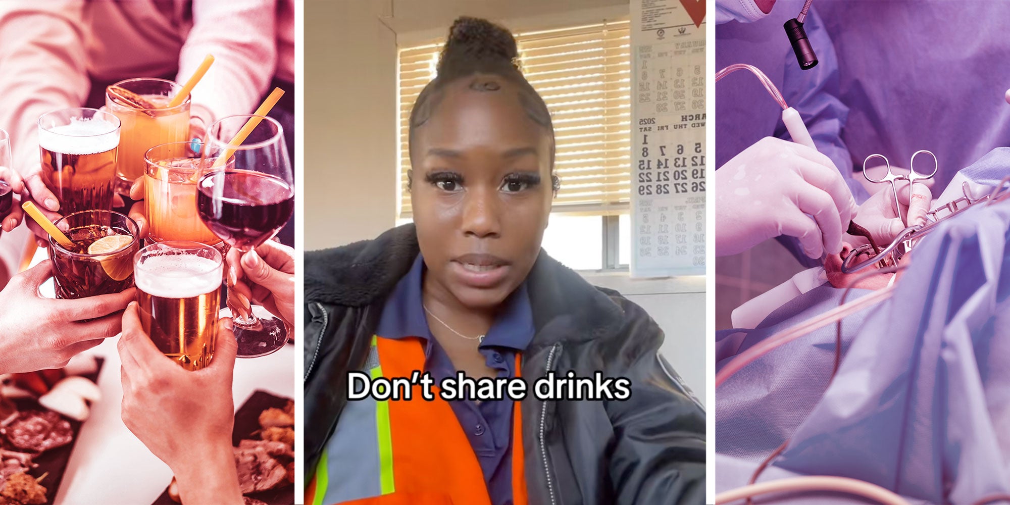 Photo of hands clinking glasses at a bar; Screenshot of Tiktok user with the caption 'Don't share drinks'; Photo of doctors performing a tonsillectomy