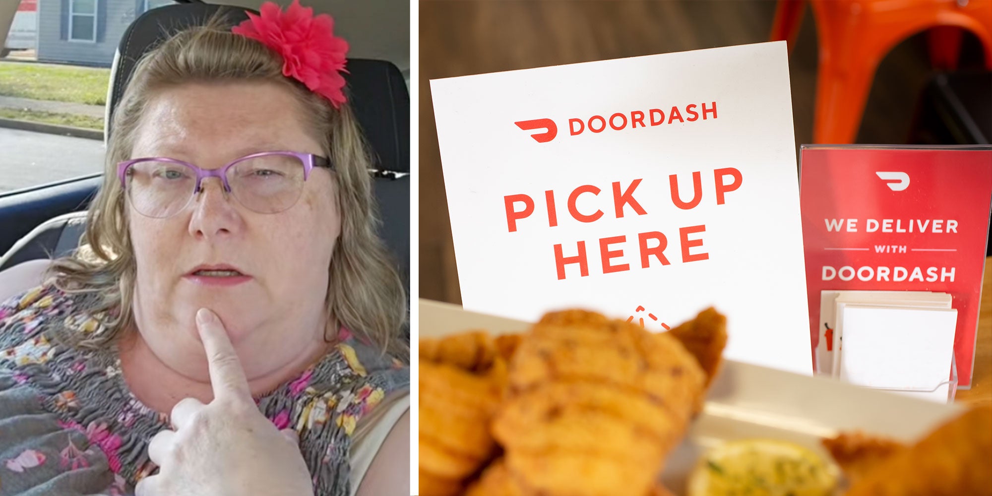 Left: Screenshot of Tiktok user @genxjesuslover; Right: Photo of two signs that read 'DOORDASH PICK UP HERE' and 'WE DELIVER WITH DOORDASH' behind a plate of fried chicken.