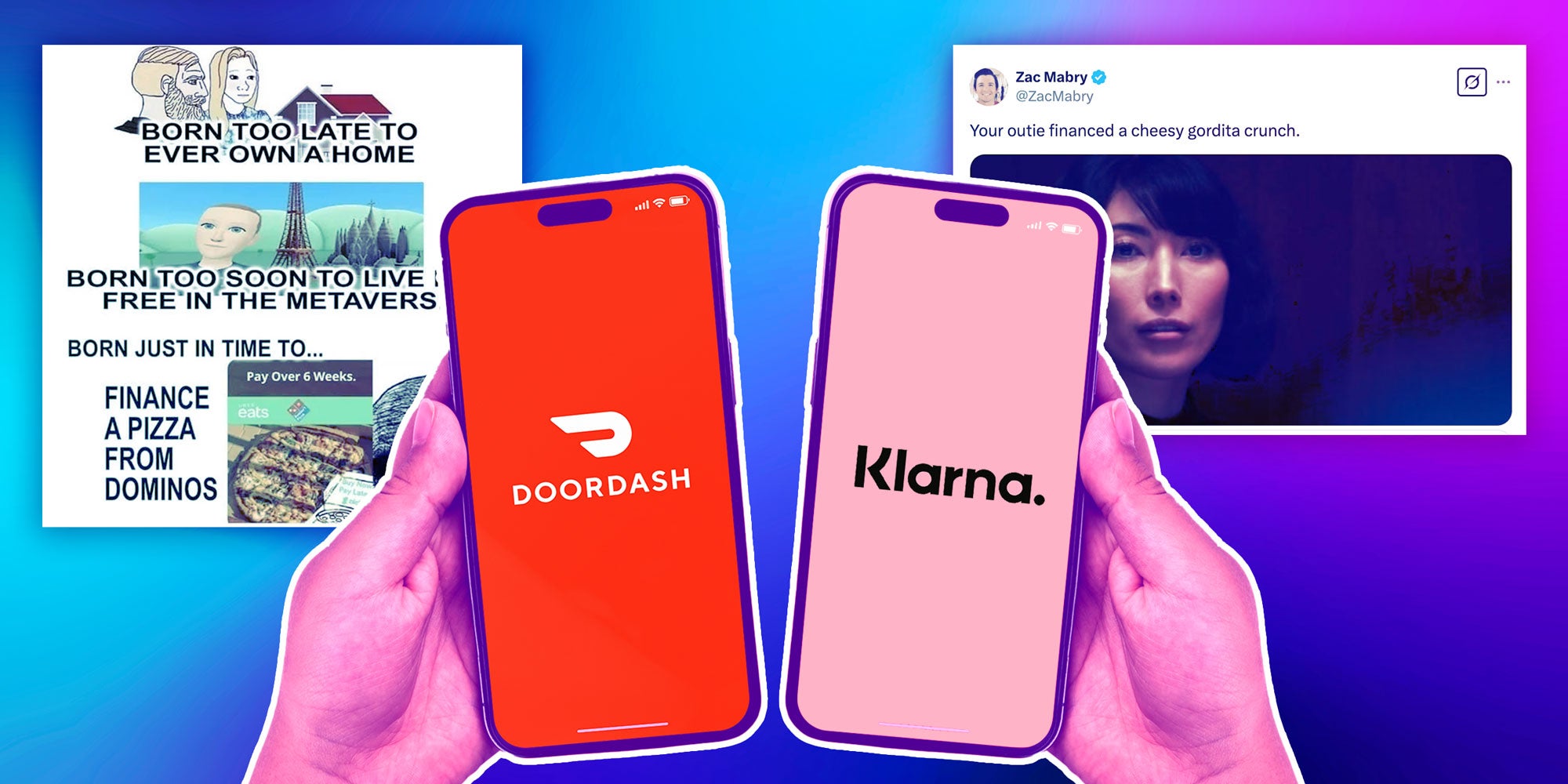 Photo Composite of Two phones with the Doordash and Klarna logos in front of two memes.