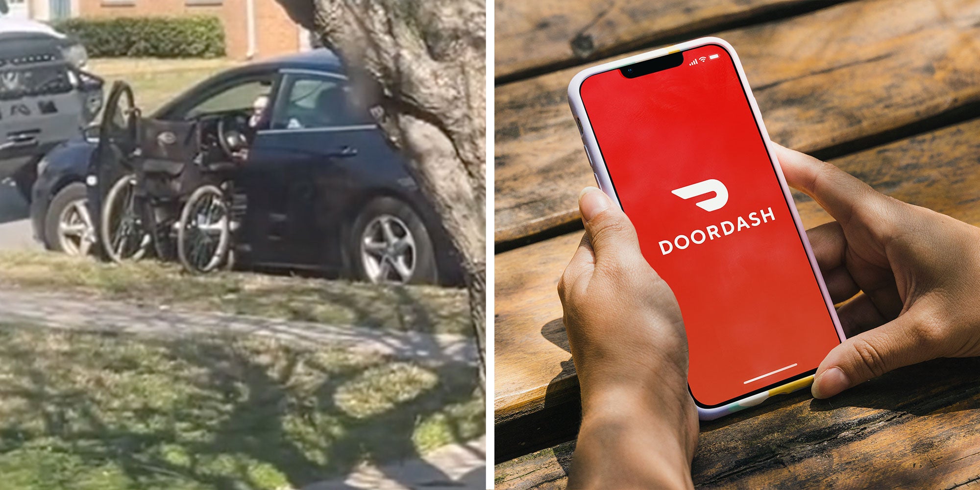 Left: Screenshot from @louivee3's Tiktok of a car parked on a street with a wheelchair at the driver's side door; Right: Photo of two hands holding a phone with the DoorDash Logo.