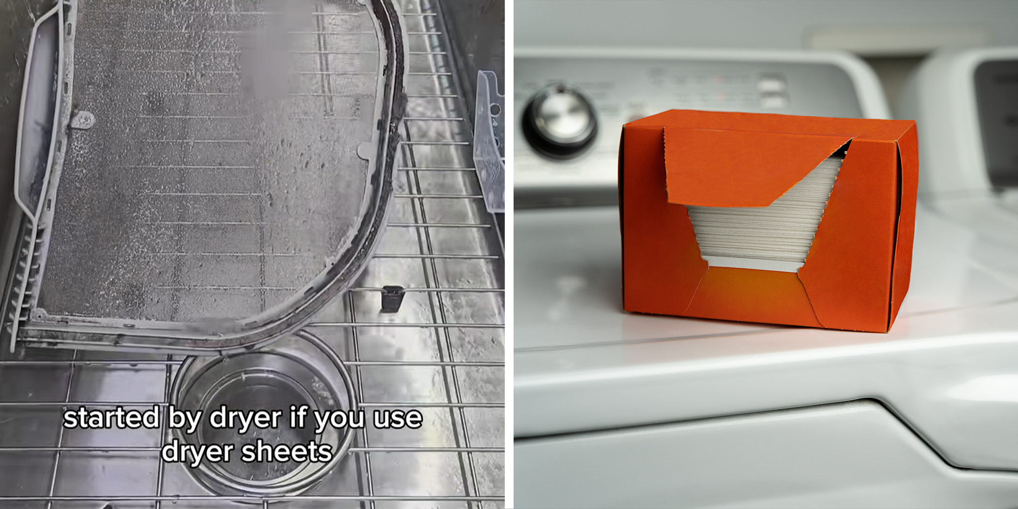 Dryer filter being rinsed out in sink with overlayed text that reads: 'started by dryer if you use dryer sheets' on left. Dryer sheets in box sitting on washing machine on right.