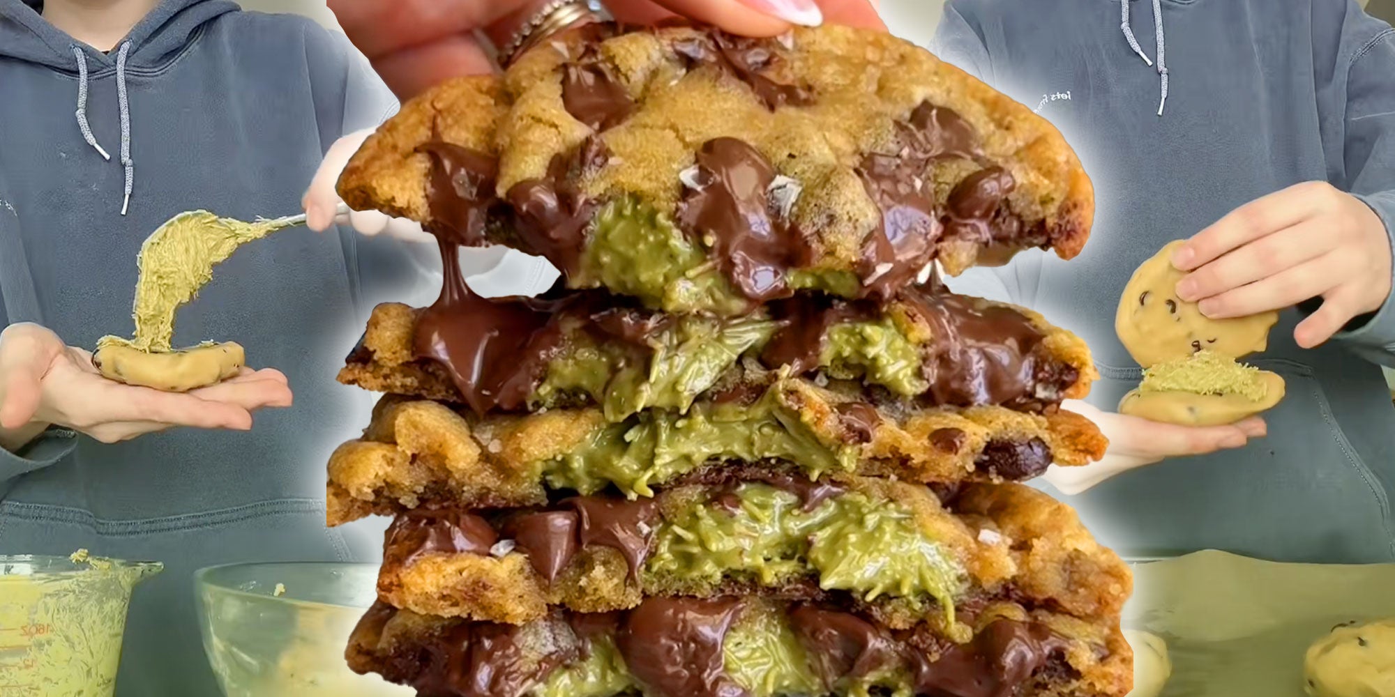 Left: Screenshot of Tiktok user @joshhallan making the Dubai Chocolate Chip Pistachio cookie; Center: Screenshot from Tiktok user @wellmadebykiley of a cross-section of the Dubai Chocolate Chip Pistachio cookies; Right: Screenshot of Tiktok user @joshhallan making the Dubai Chocolate Chip Pistachio cookie