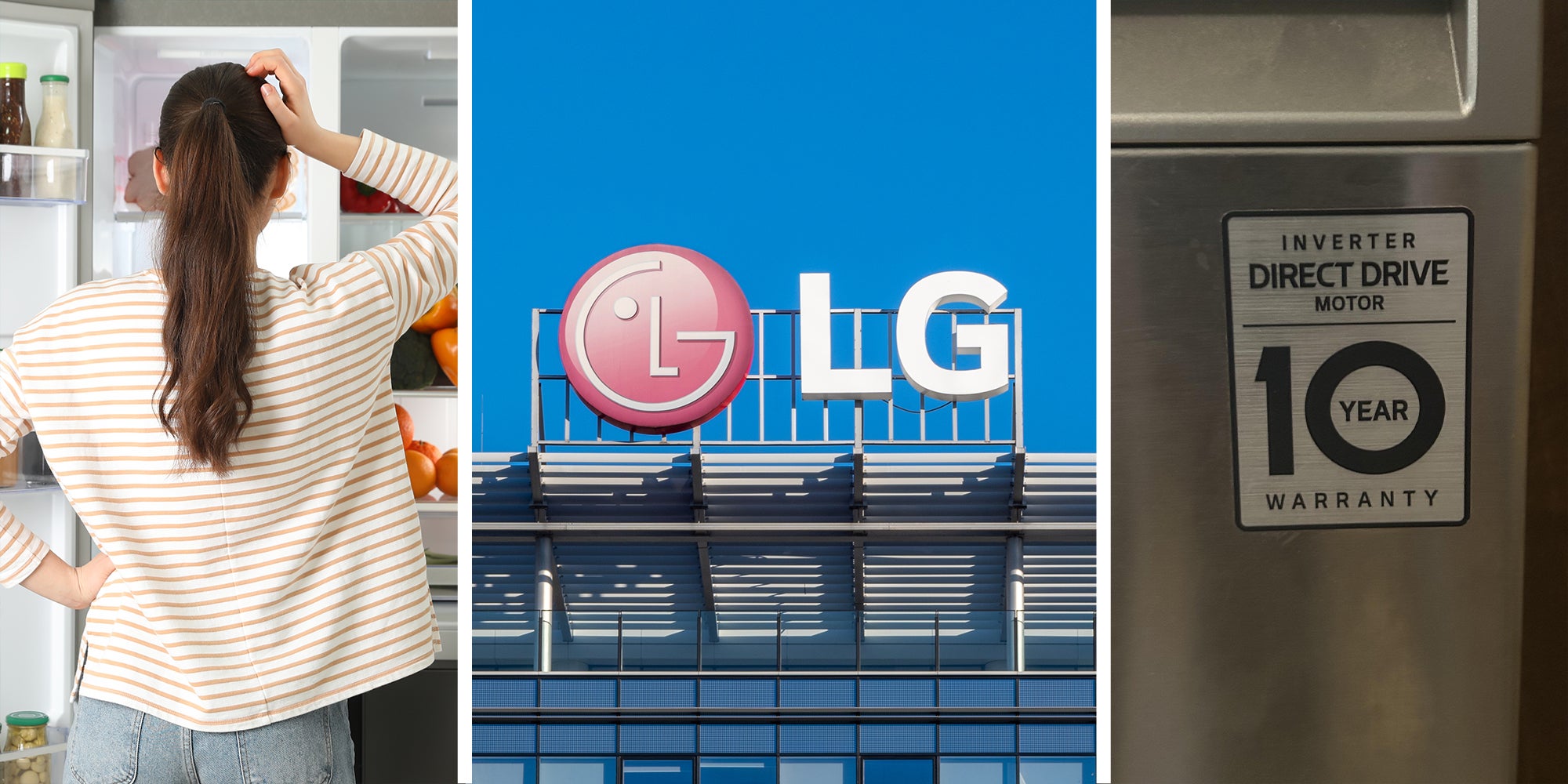 woman scratching her head while Infront of refrigerator(l) LG Logo Infront of building(c) 10 year warranty sticker from LG(r)