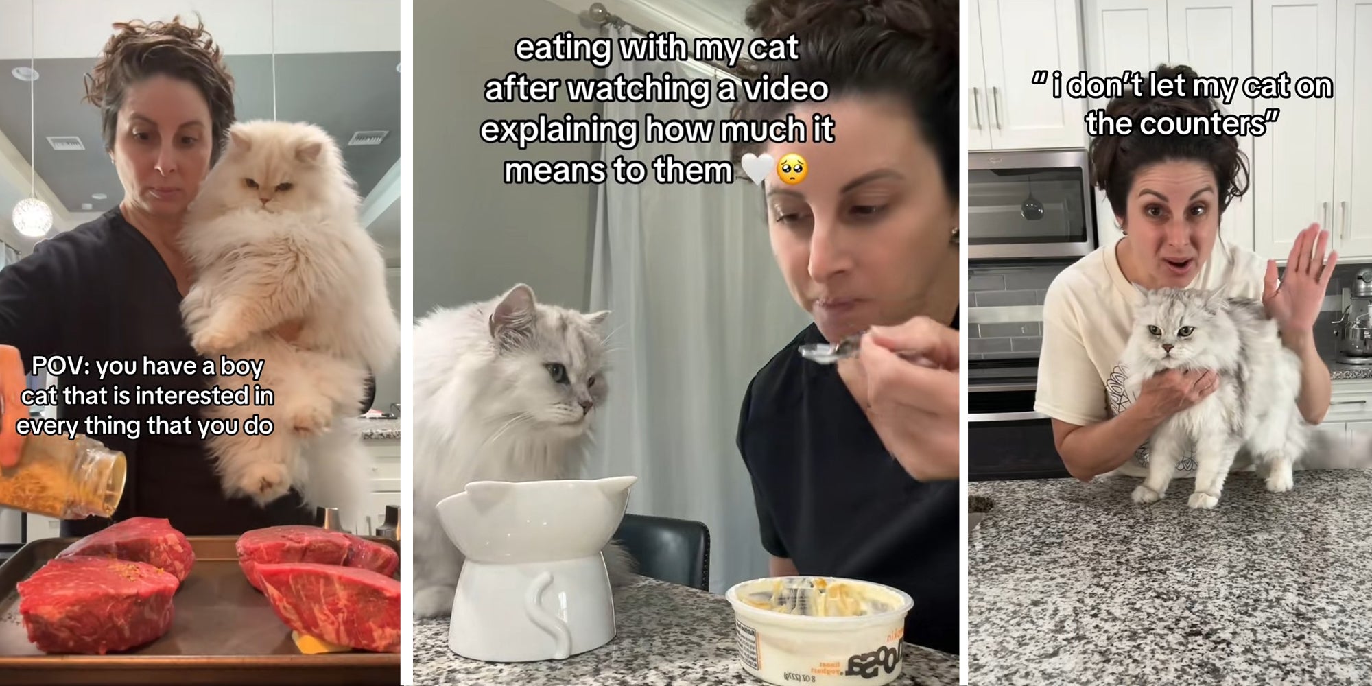 woman cooking while holding her cat(l) Woman eating with her cat(c) Woman raising her hand while her cat is on the counter(r)