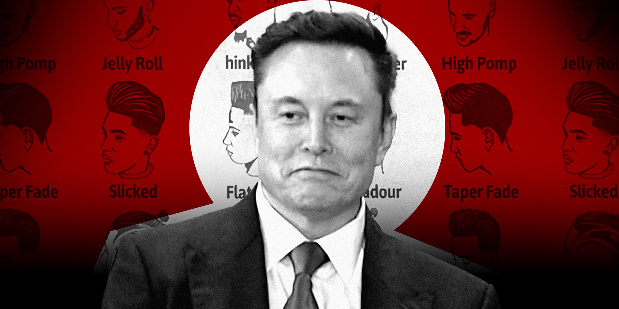 photo collage image of Elon Musk and in the background is a common chart of men's haircuts.